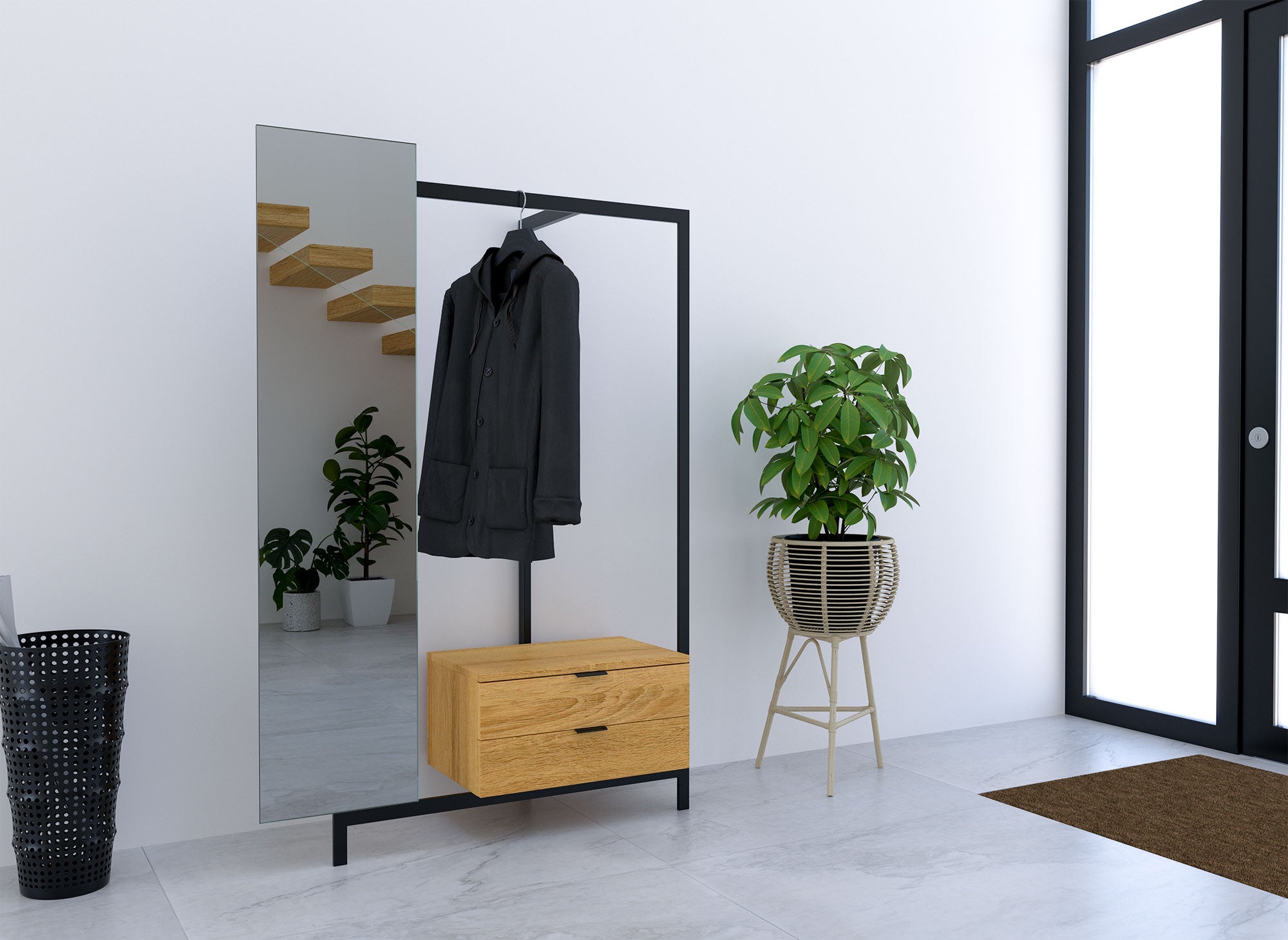 GLENN Eingangsmöbel mit Spiegelschrank und 2 Schubladen aus Holz und Metall