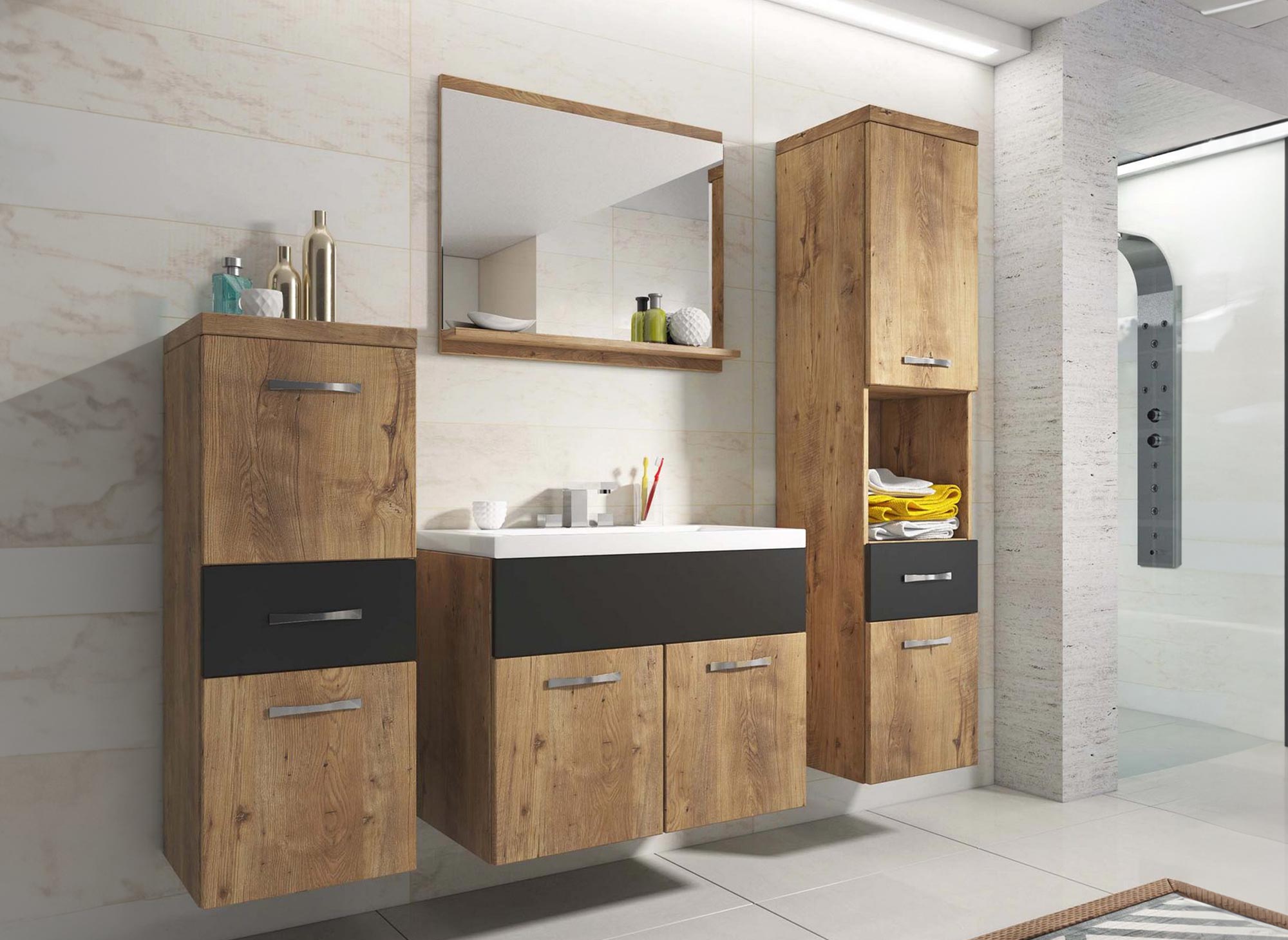 Shelby Wand-Badmöbelset - Eiche und Holz in Schwarzoptik