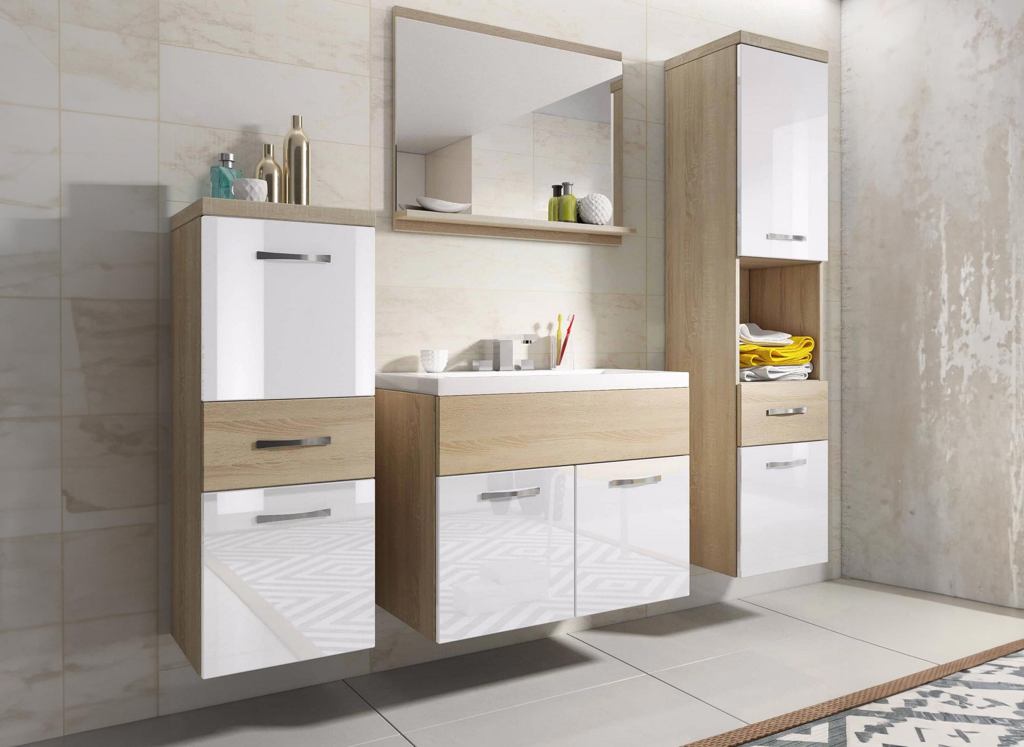 Shelby Wandmontiertes Badezimmermöbel-Set - Holz und Weiß