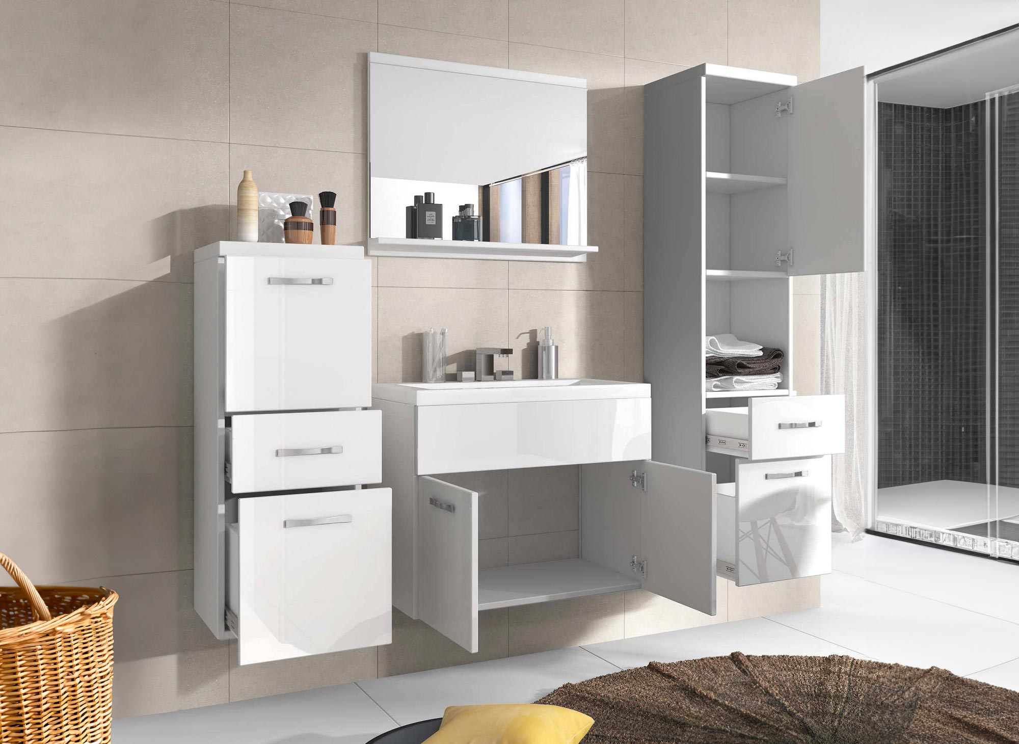 Shelby Designer-Badmöbel-Set zur Wandmontage - Weiß lackiert
