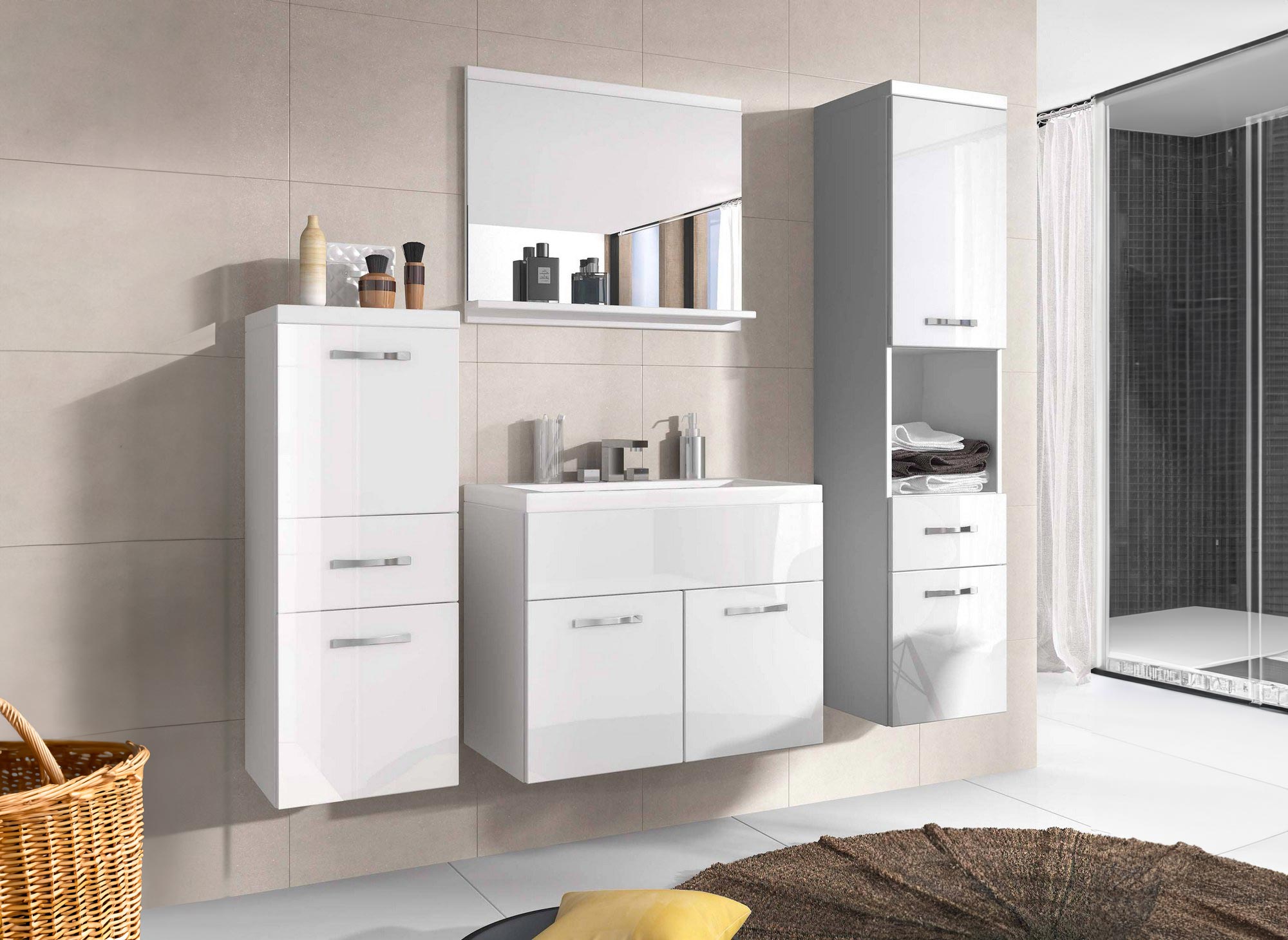 Shelby Designer-Badmöbel-Set zur Wandmontage - Weiß lackiert