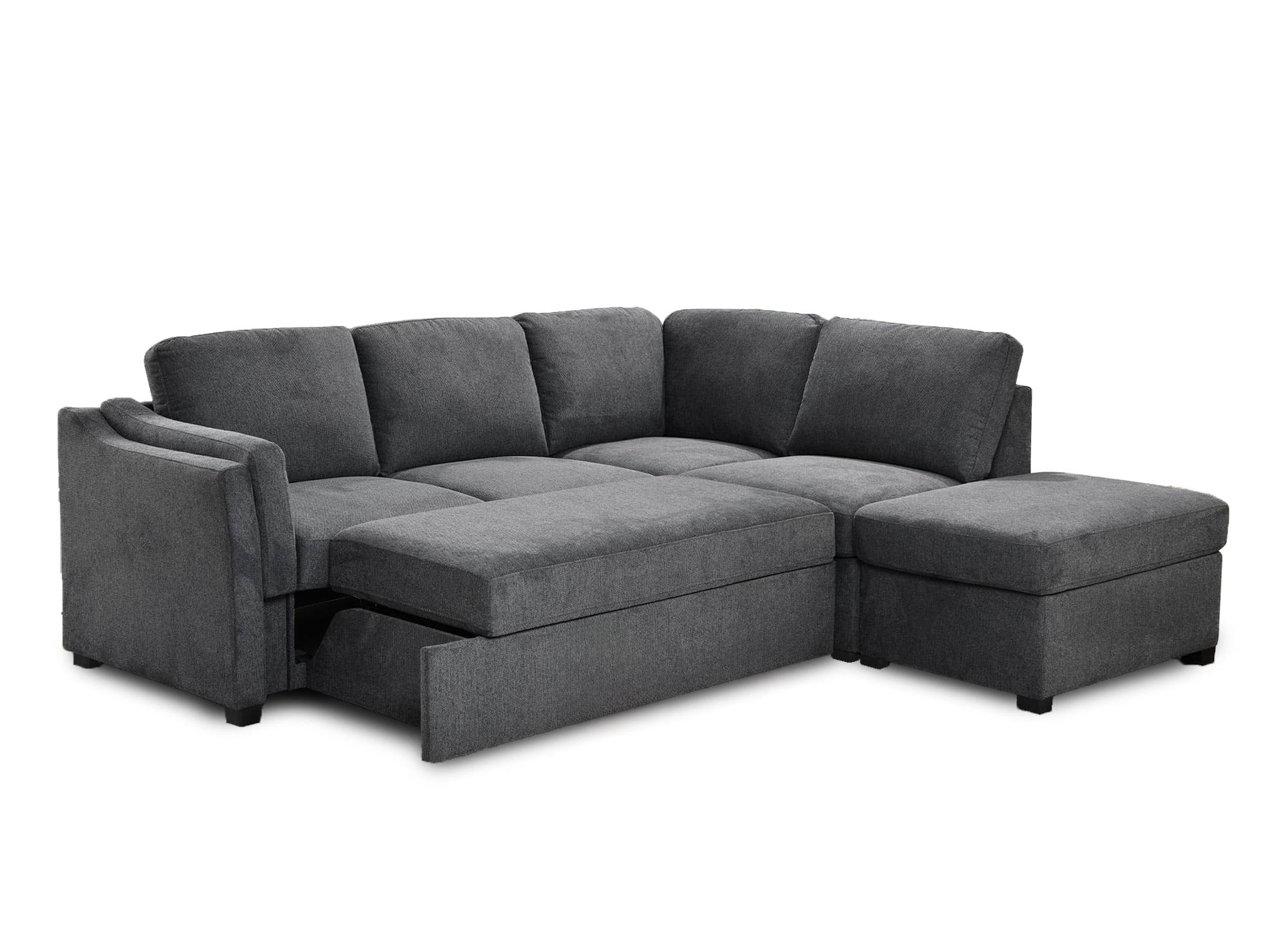 BARNEY, graues Stoffsofa mit Stauraum – rechtwinklig