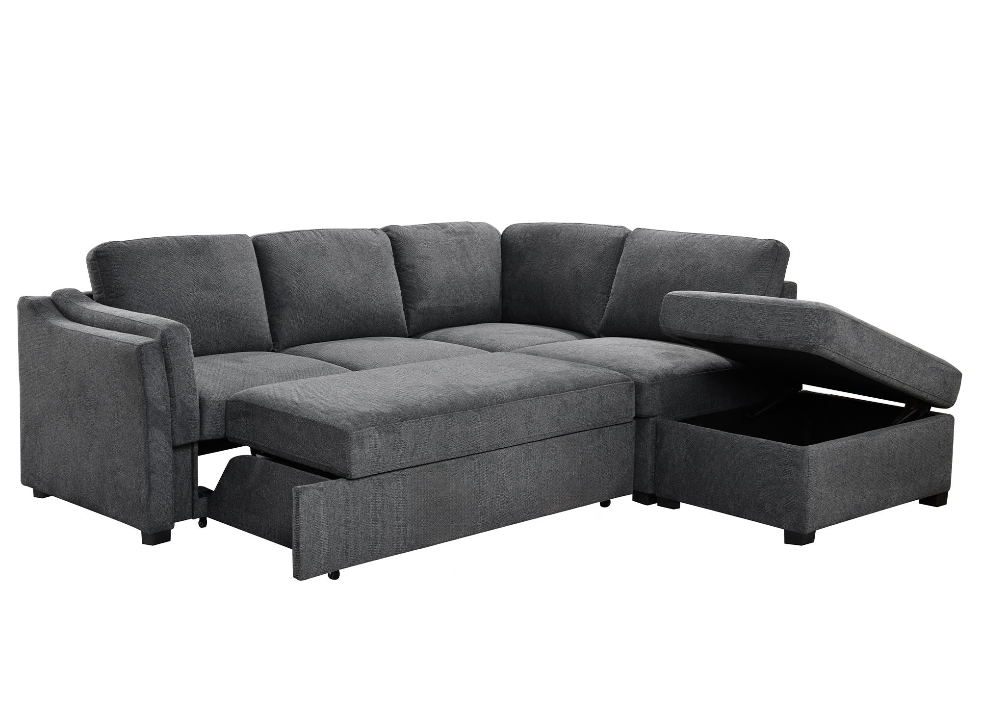 BARNEY, graues Stoffsofa mit Stauraum – rechtwinklig