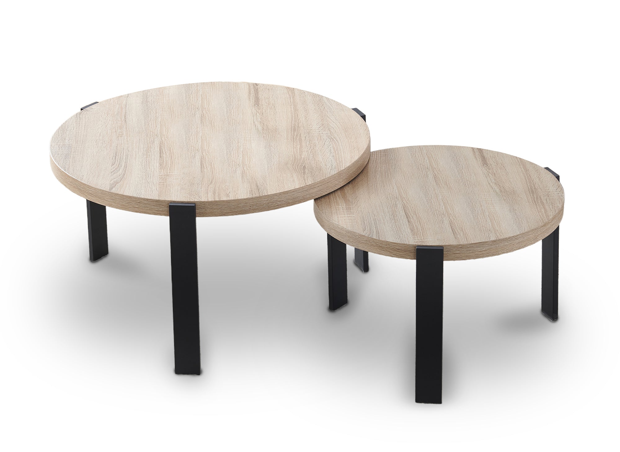2er-Set runder Couchtische aus Holz mit schwarzen Metallbeinen TIYA