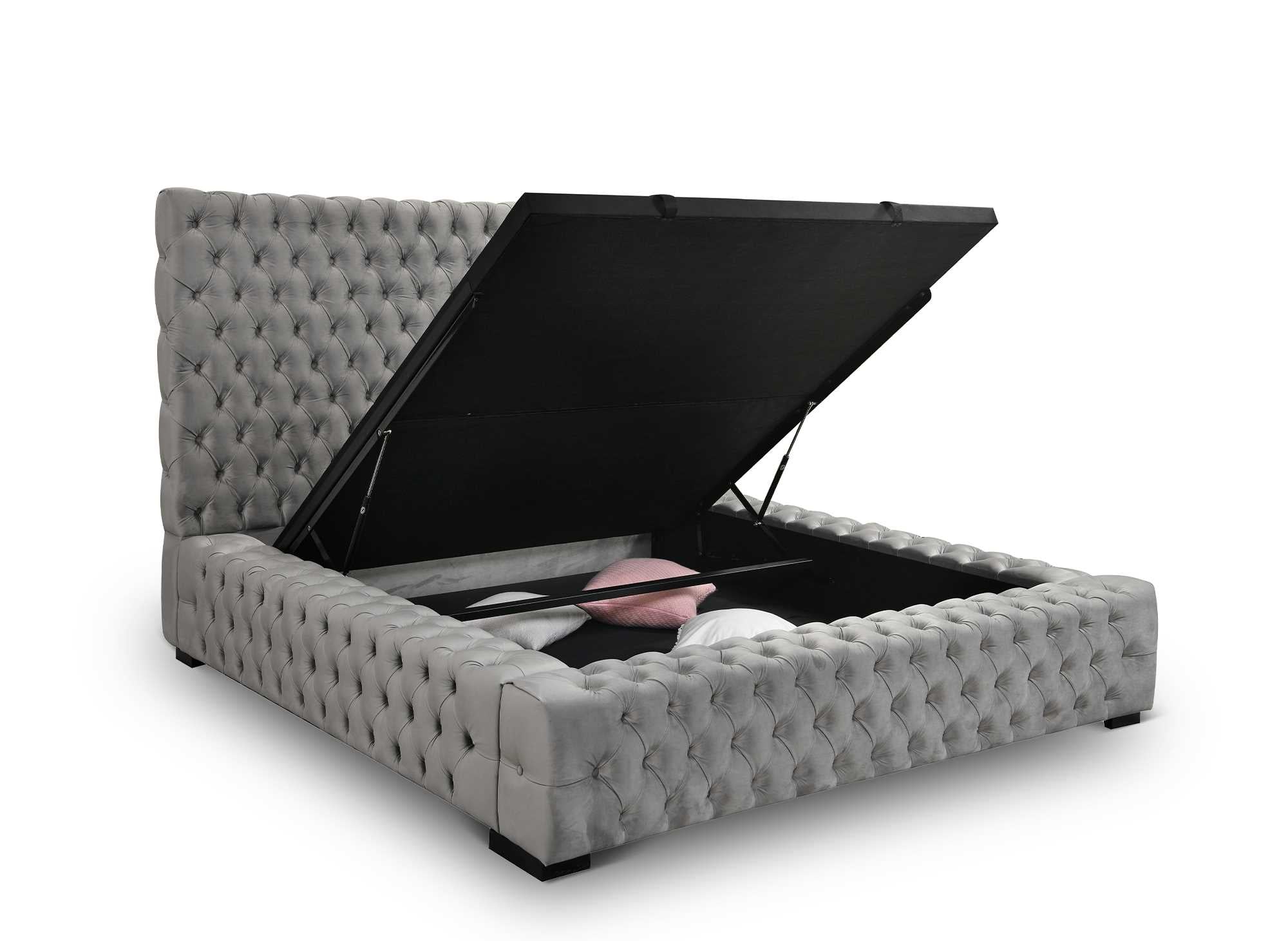 IDALINE Bett mit Stauraum und Polsterung aus grauem Samt 140 x 190 cm