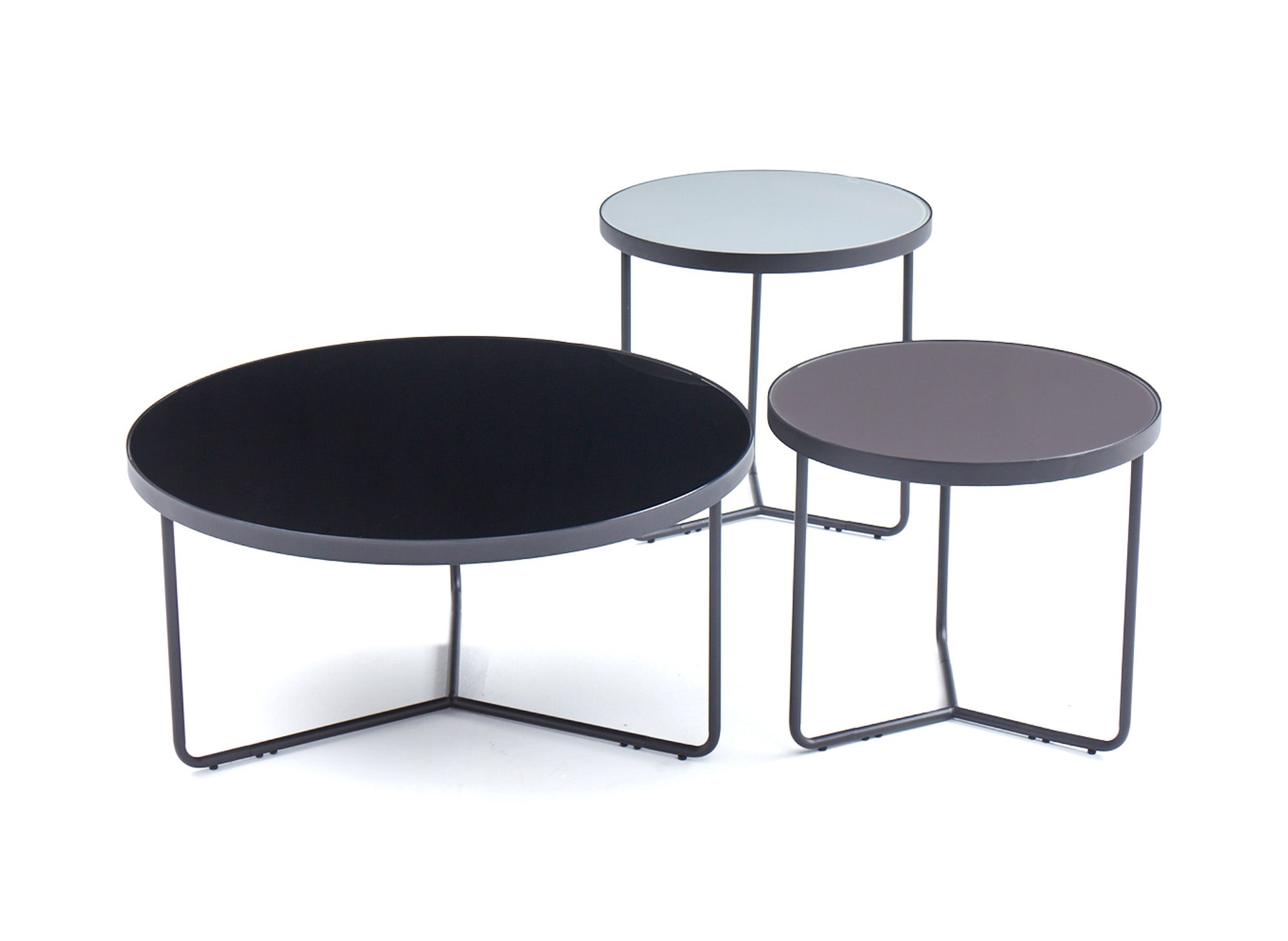 3er-Set runder Couchtische aus Glas mit schwarzen Metallbeinen JAKIE