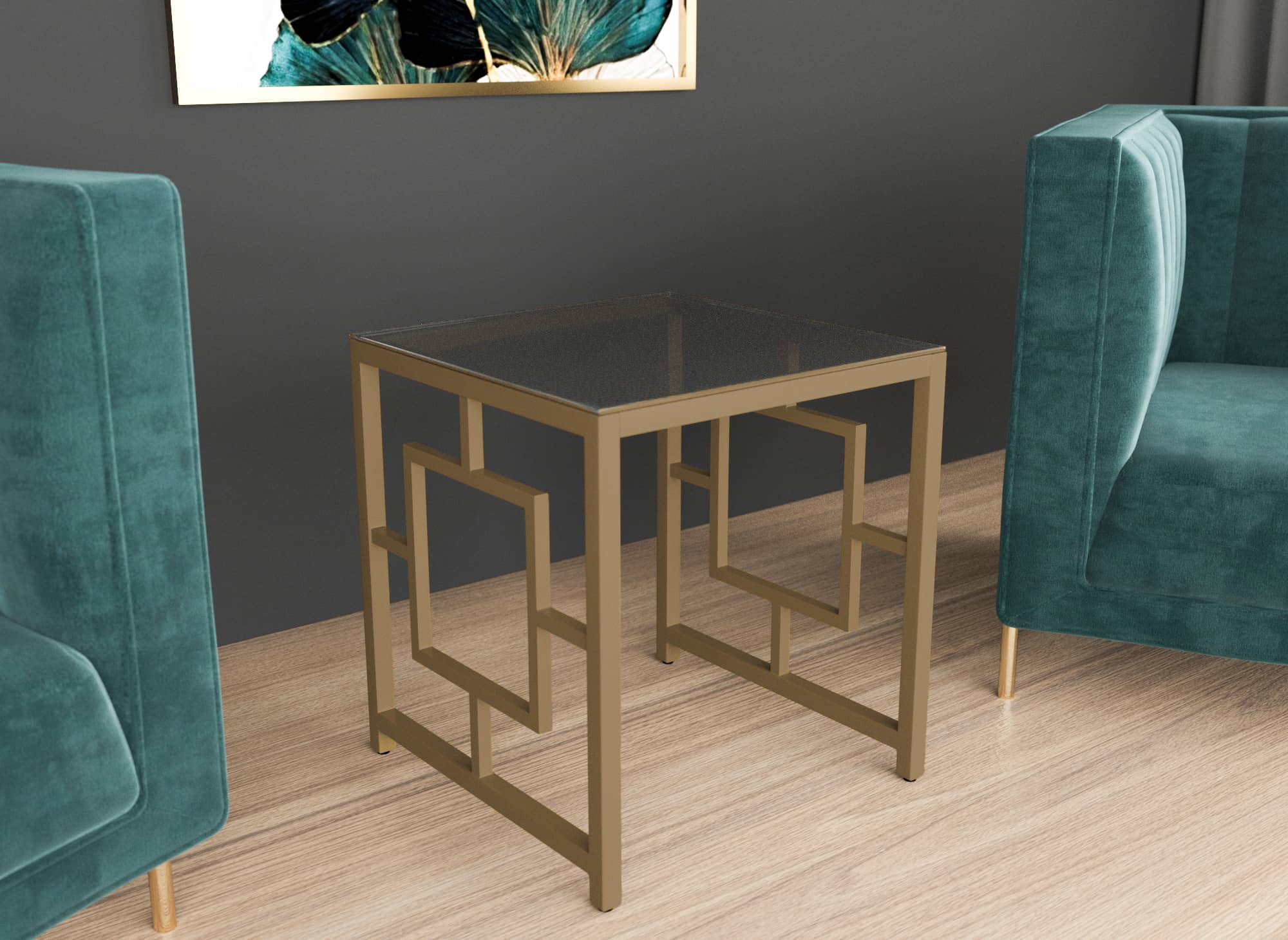 Quadratischer Designer-Couchtisch PABLO aus schwarzem Glas und goldfarbenem Metall