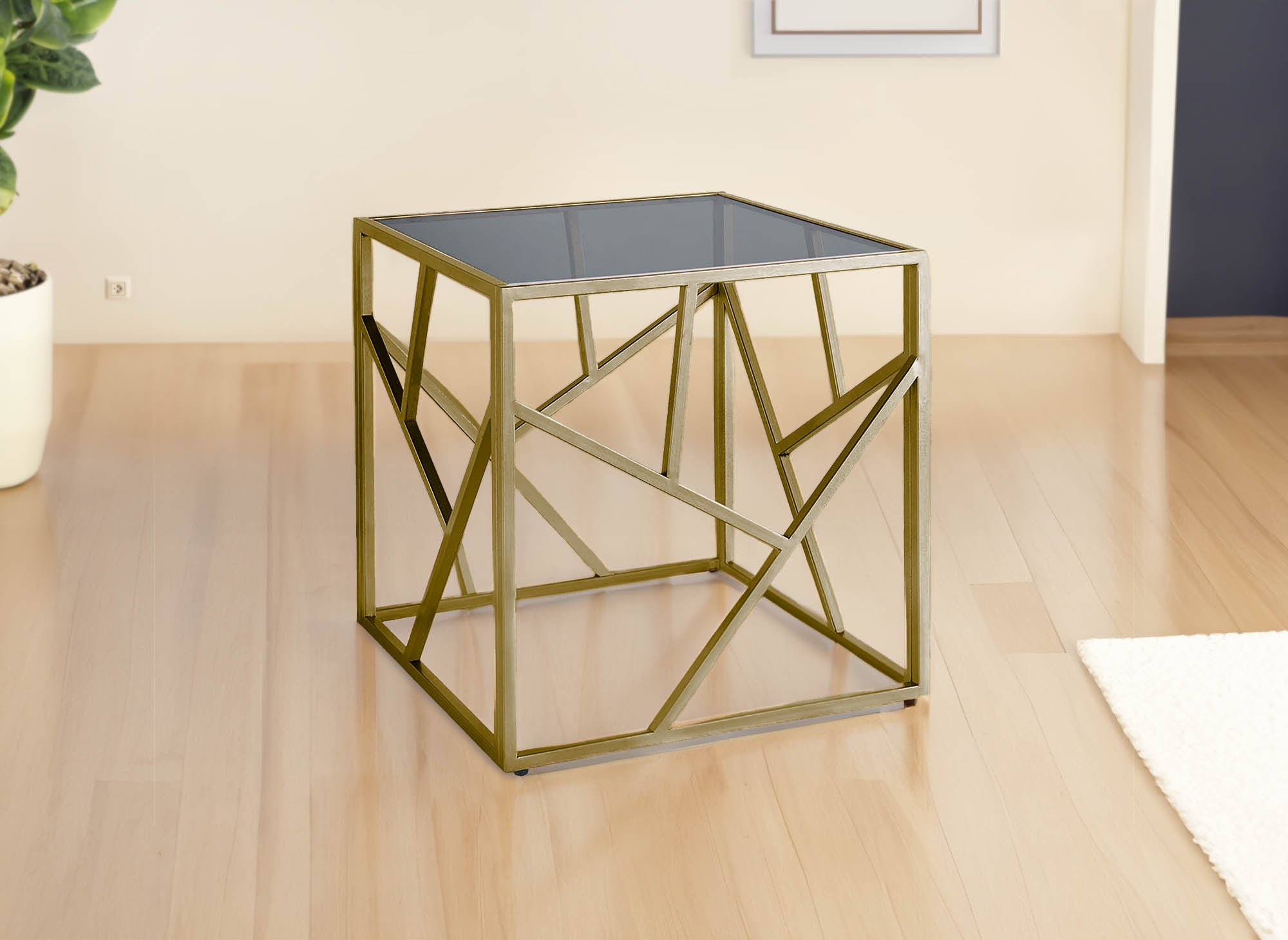 Quadratischer Designer-Couchtisch SOLAL aus schwarzem Glas und goldfarbenem Metall