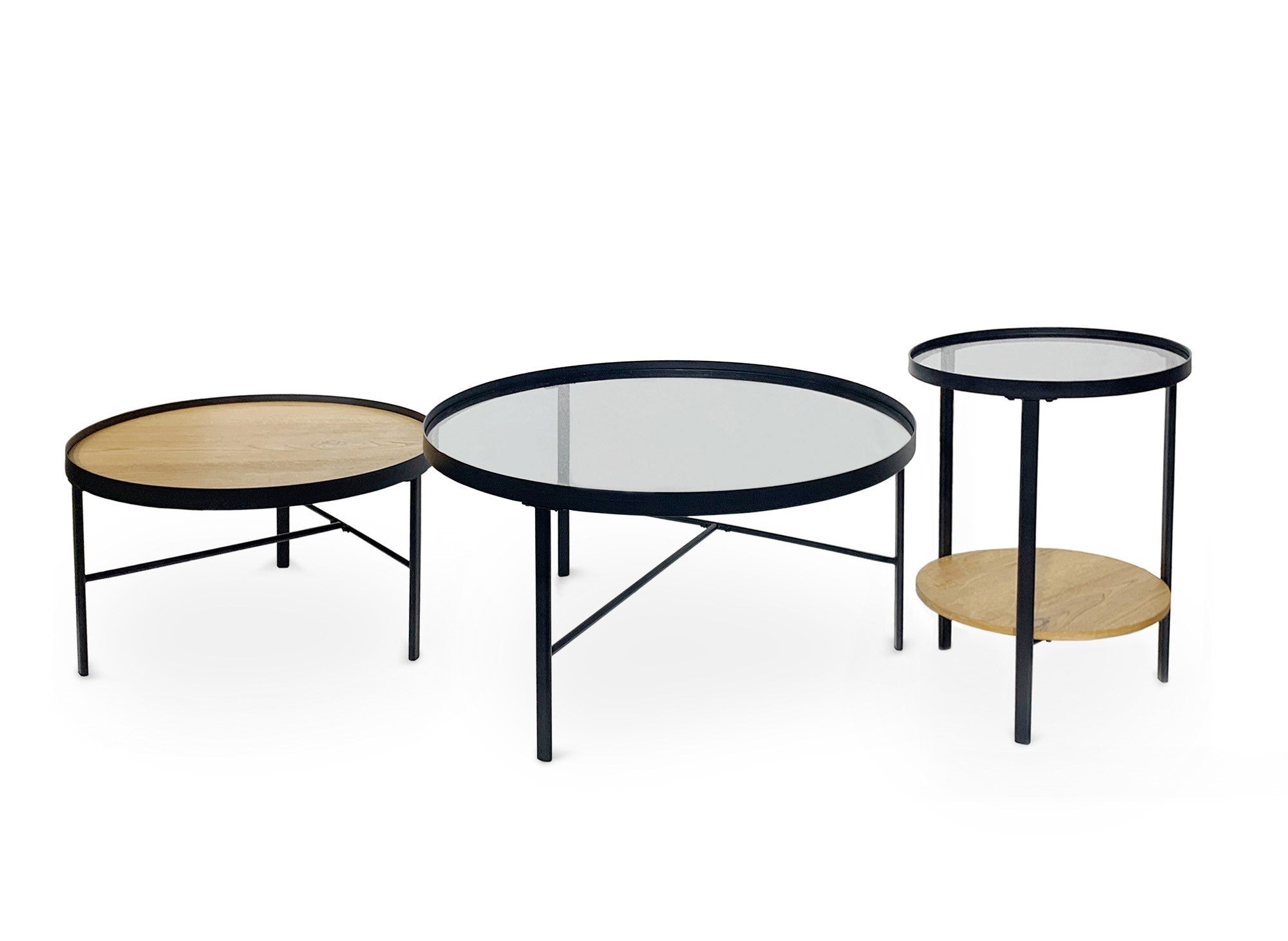 3er-Set RIONA runde Couchtische aus Holz und Glas
