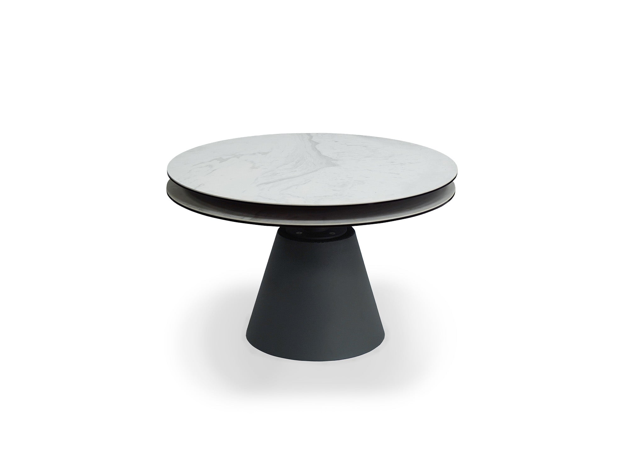 Runder Couchtisch SELENIA mit drehbarer Platte aus gehärtetem Glas und weißer Keramik in Marmoroptik