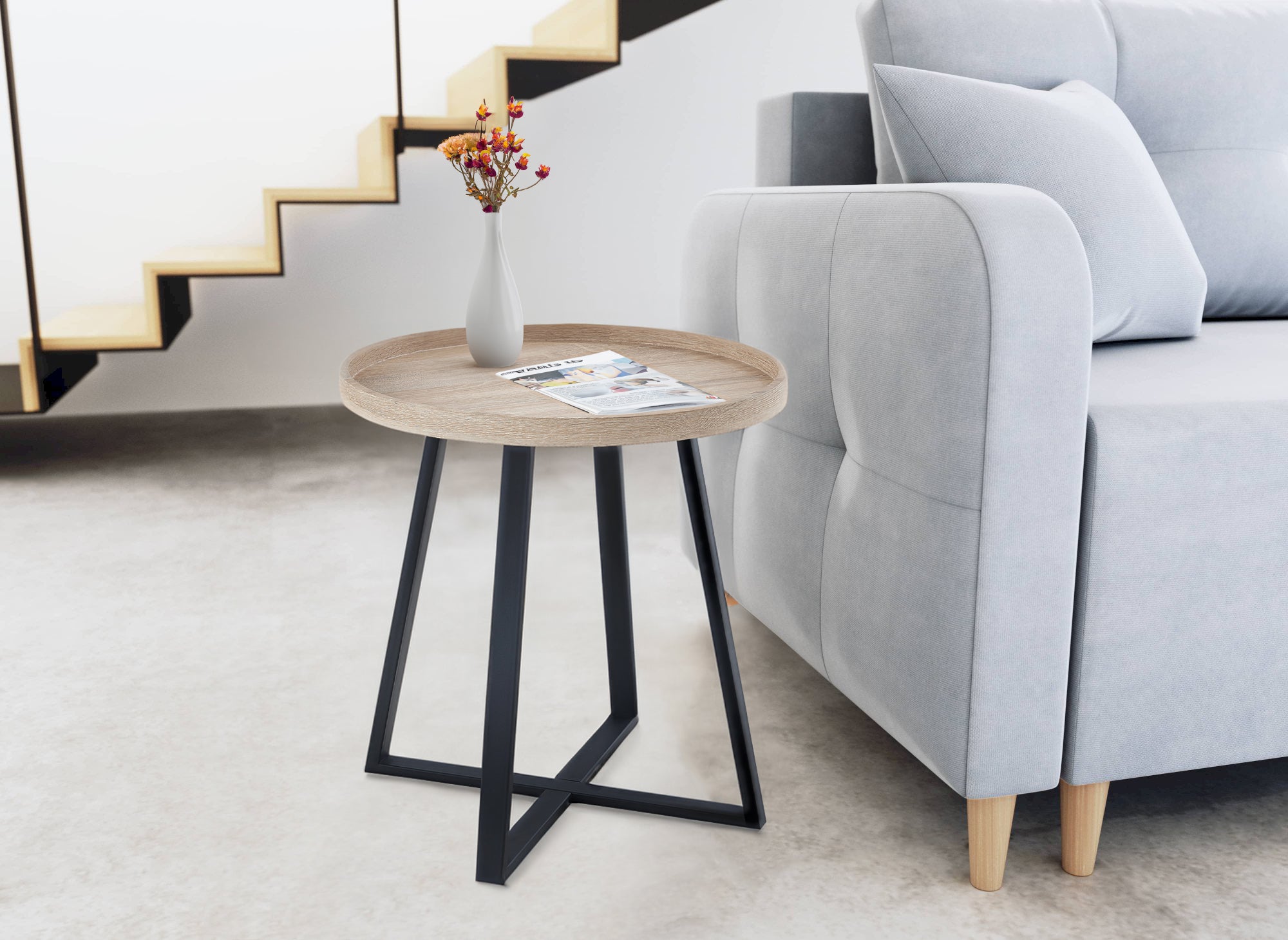 BRIYA runder Beistelltisch aus Holz mit schwarzen Metallbeinen