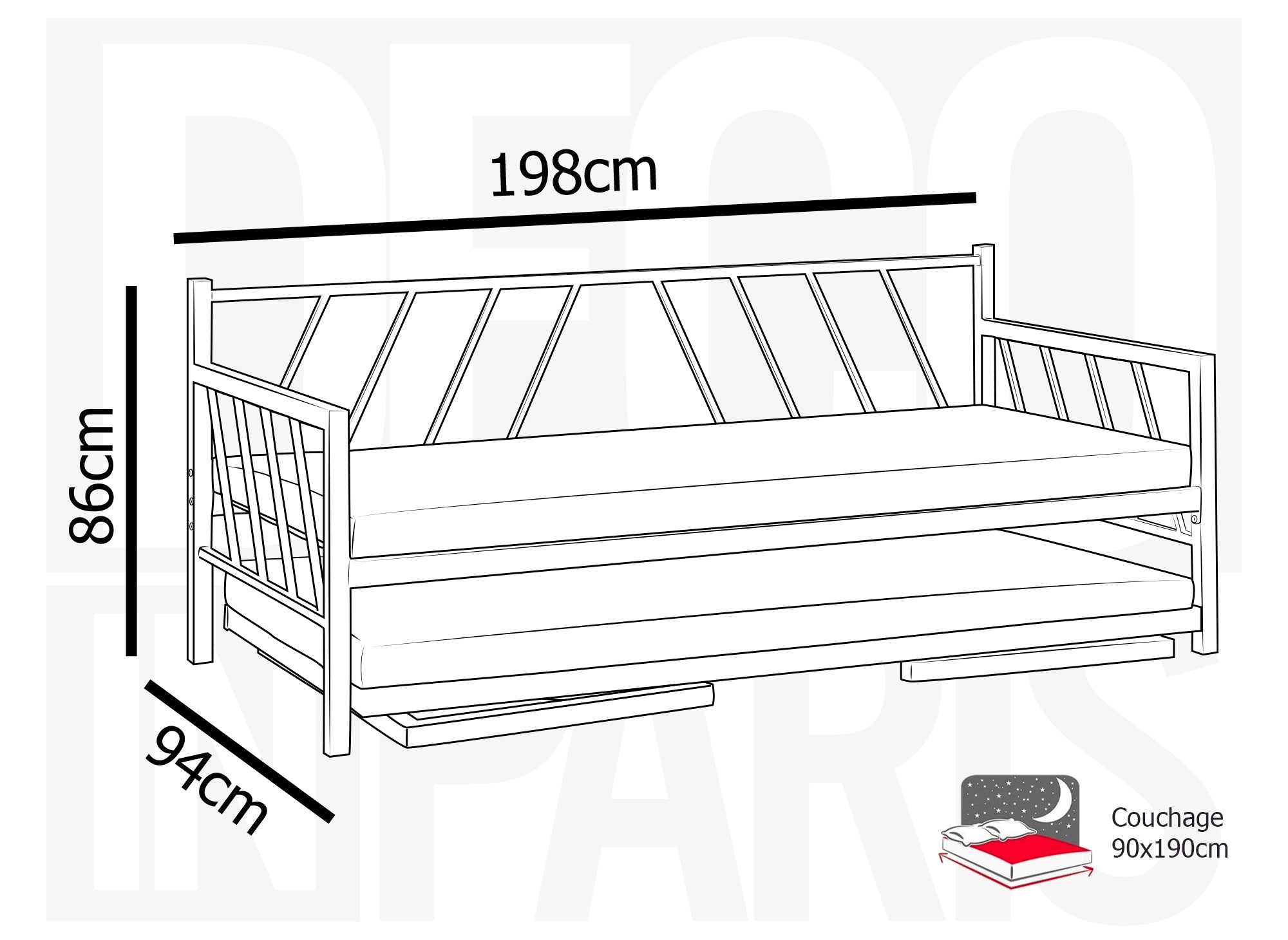 TORRY ausziehbares Tagesbett aus schwarzem Metall 90 x 190 cm