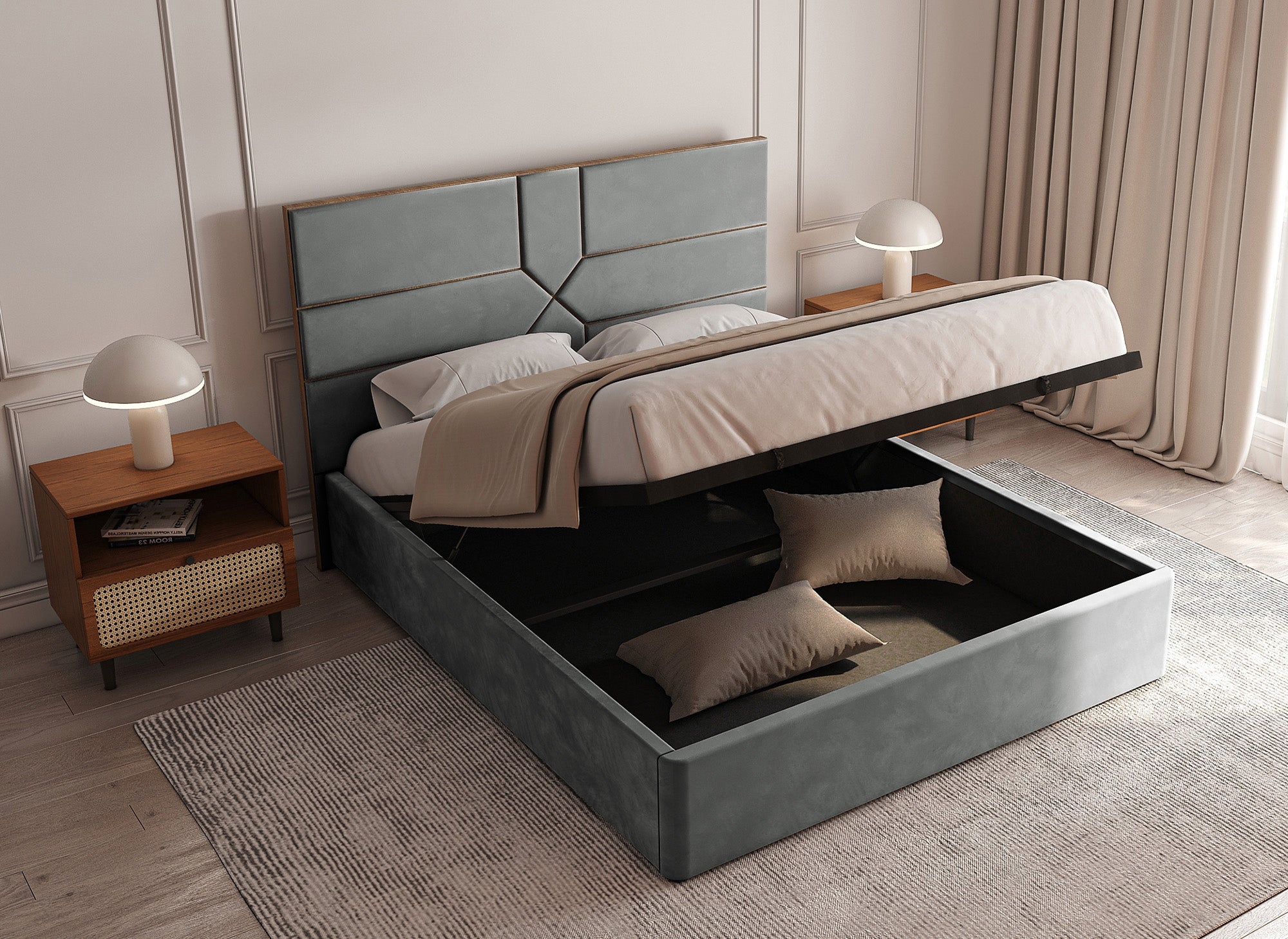 DAVINA Designer-Bett mit Stauraum, 180 x 200 cm, Samt, grau