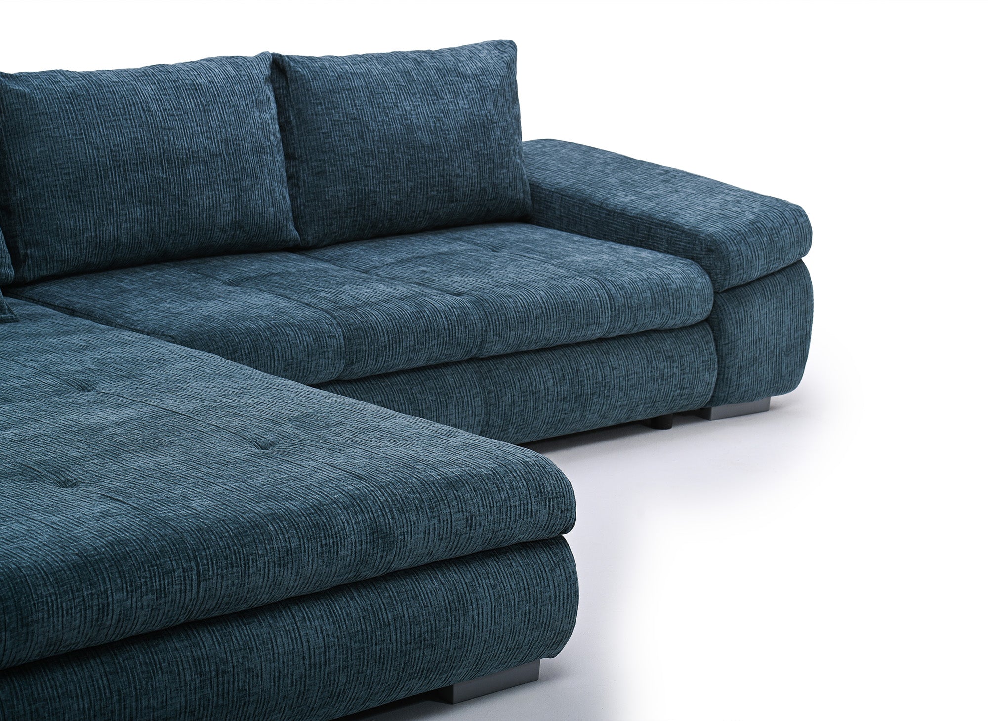 SOLEA Wende-Ecksofa mit Stauraum aus petrolblau meliertem Samt