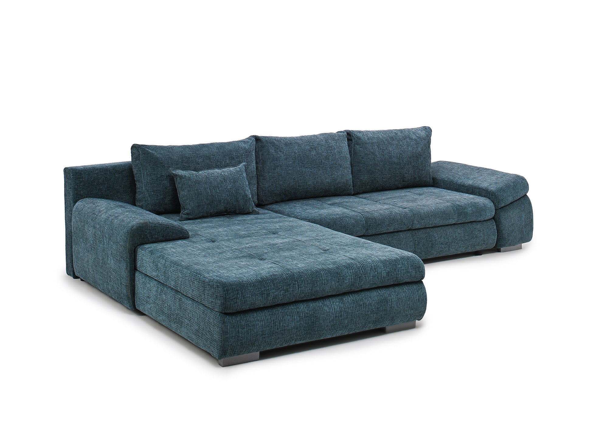 SOLEA Wende-Ecksofa mit Stauraum aus petrolblau meliertem Samt