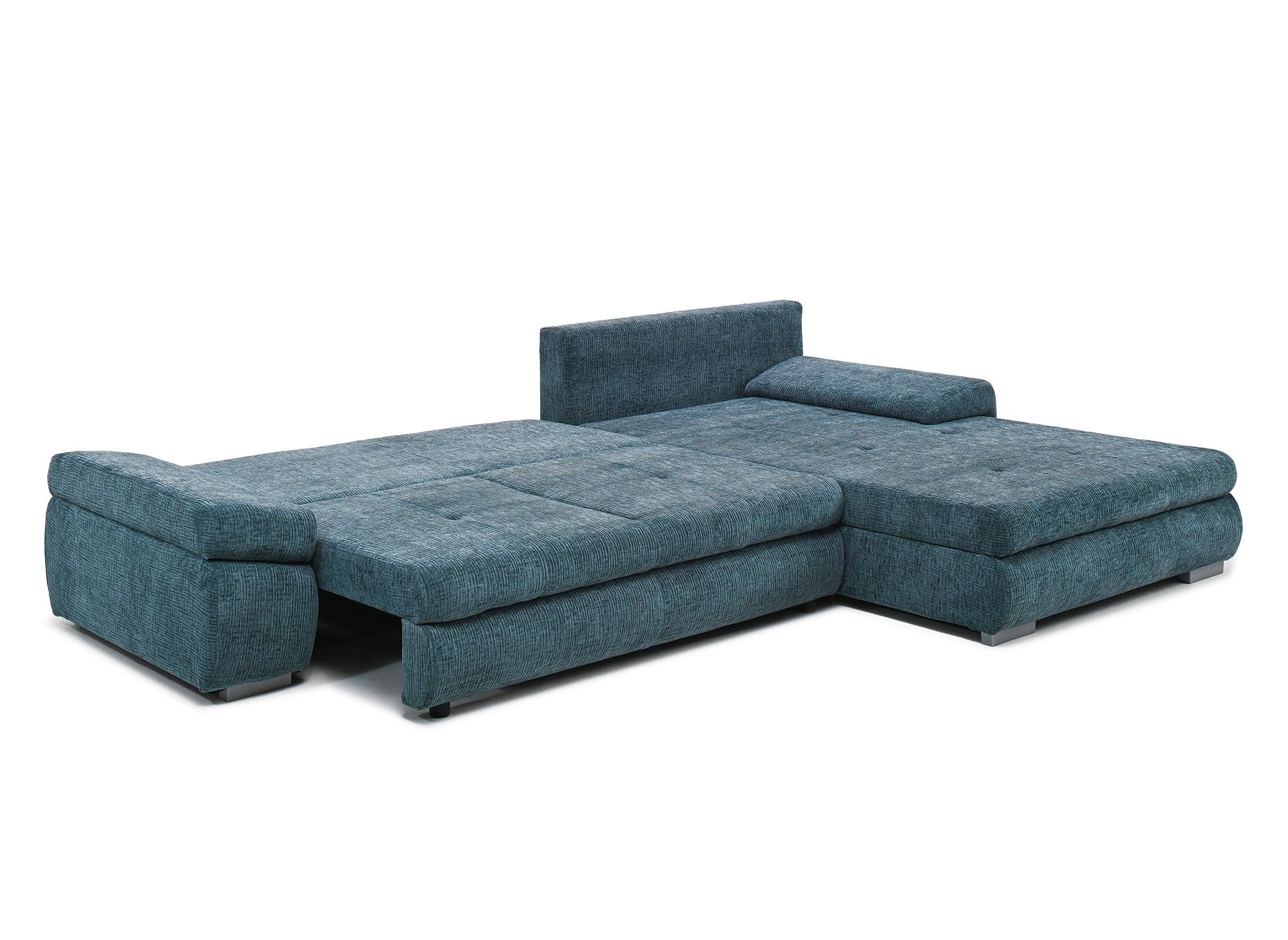SOLEA Wende-Ecksofa mit Stauraum aus petrolblau meliertem Samt