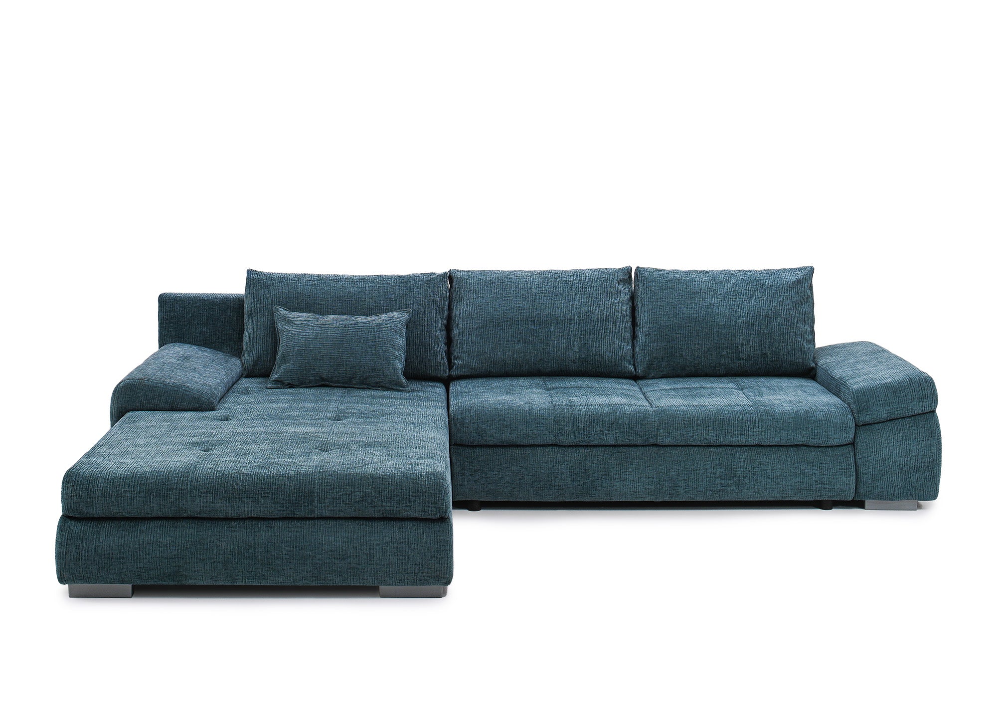 SOLEA Wende-Ecksofa mit Stauraum aus petrolblau meliertem Samt