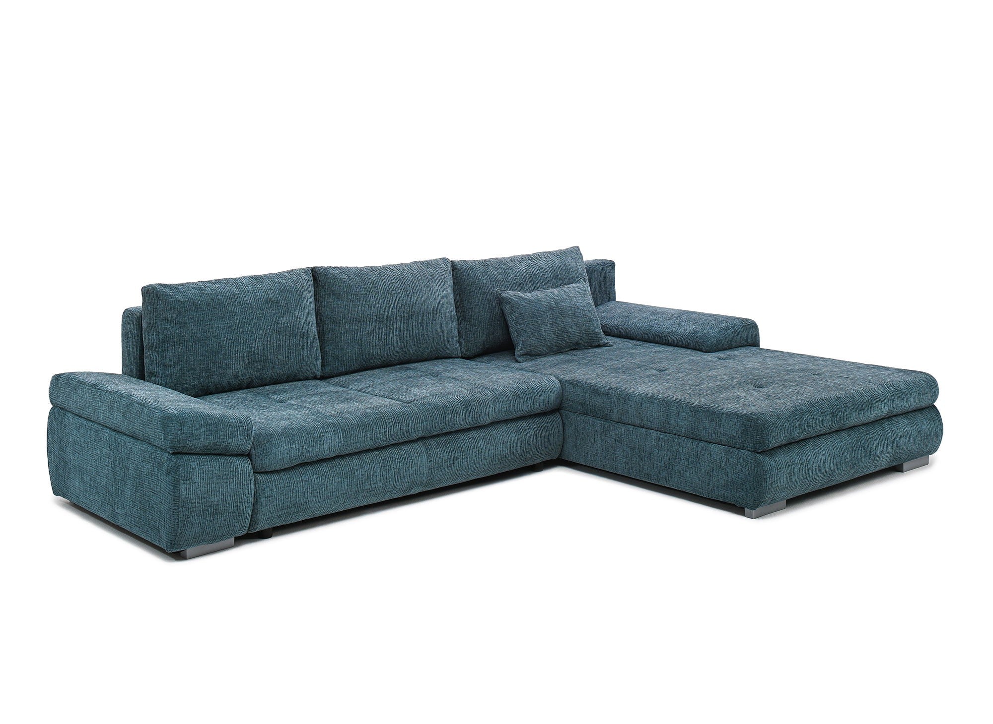 SOLEA Wende-Ecksofa mit Stauraum aus petrolblau meliertem Samt