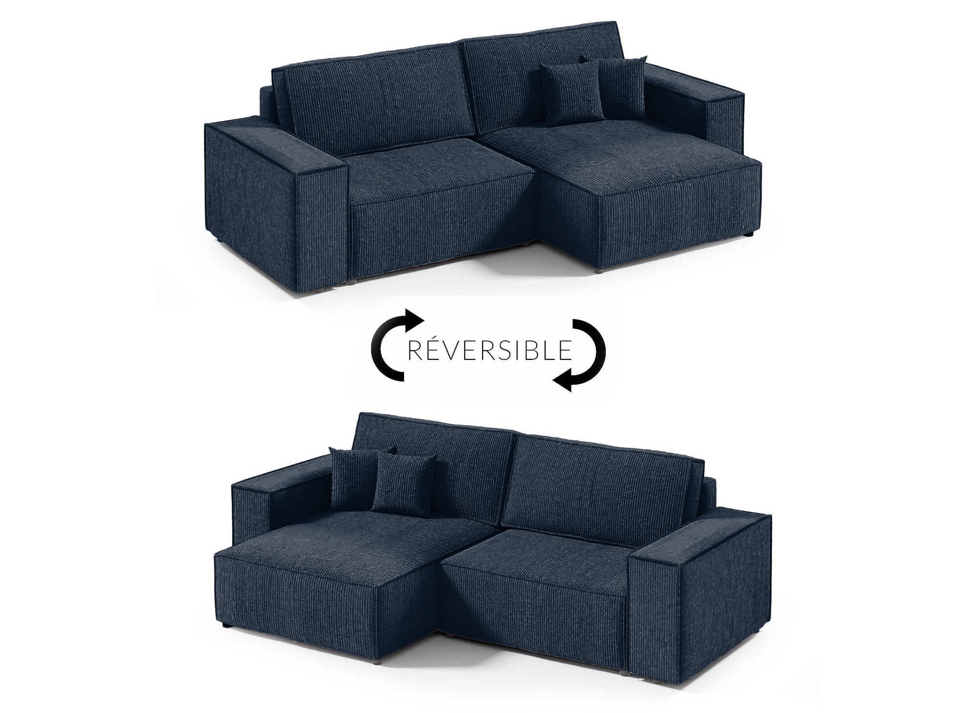 JADE MINI Ecksofa aus blauem Cord mit Stauraum, umwandelbar und wendbar