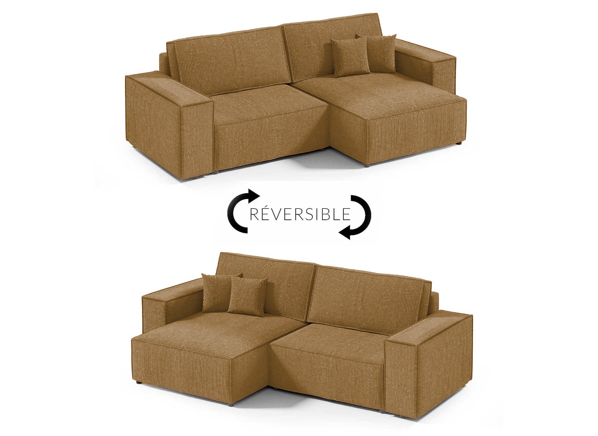 JADE MINI senffarbenes, umwandelbares und wendbares Ecksofa aus Cord mit Stauraum