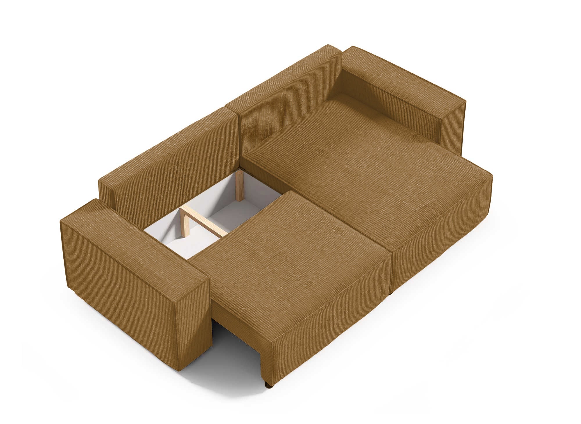 JADE MINI senffarbenes, umwandelbares und wendbares Ecksofa aus Cord mit Stauraum