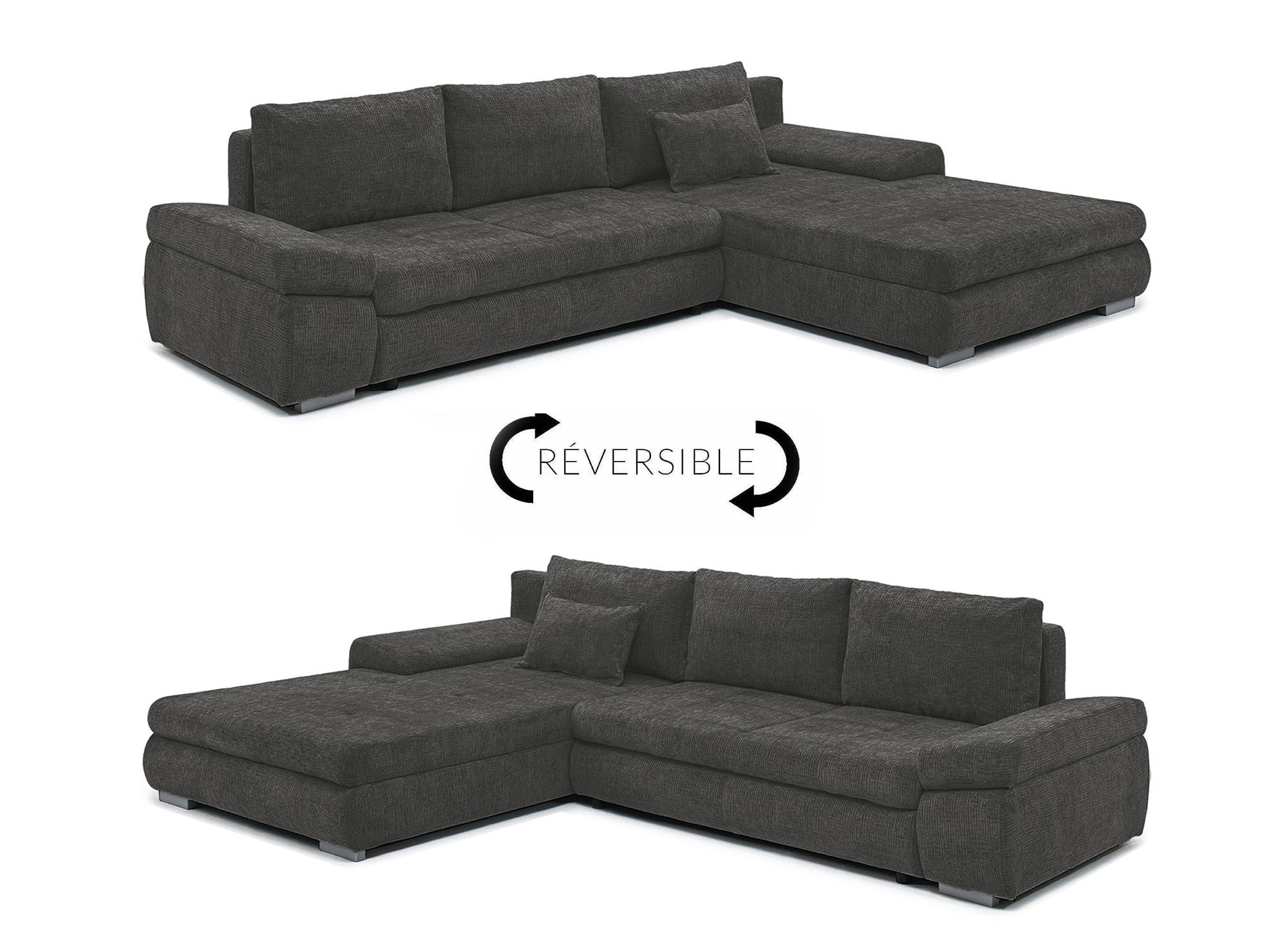SOLEA Wende-Ecksofa mit Stauraum aus grau meliertem Samt