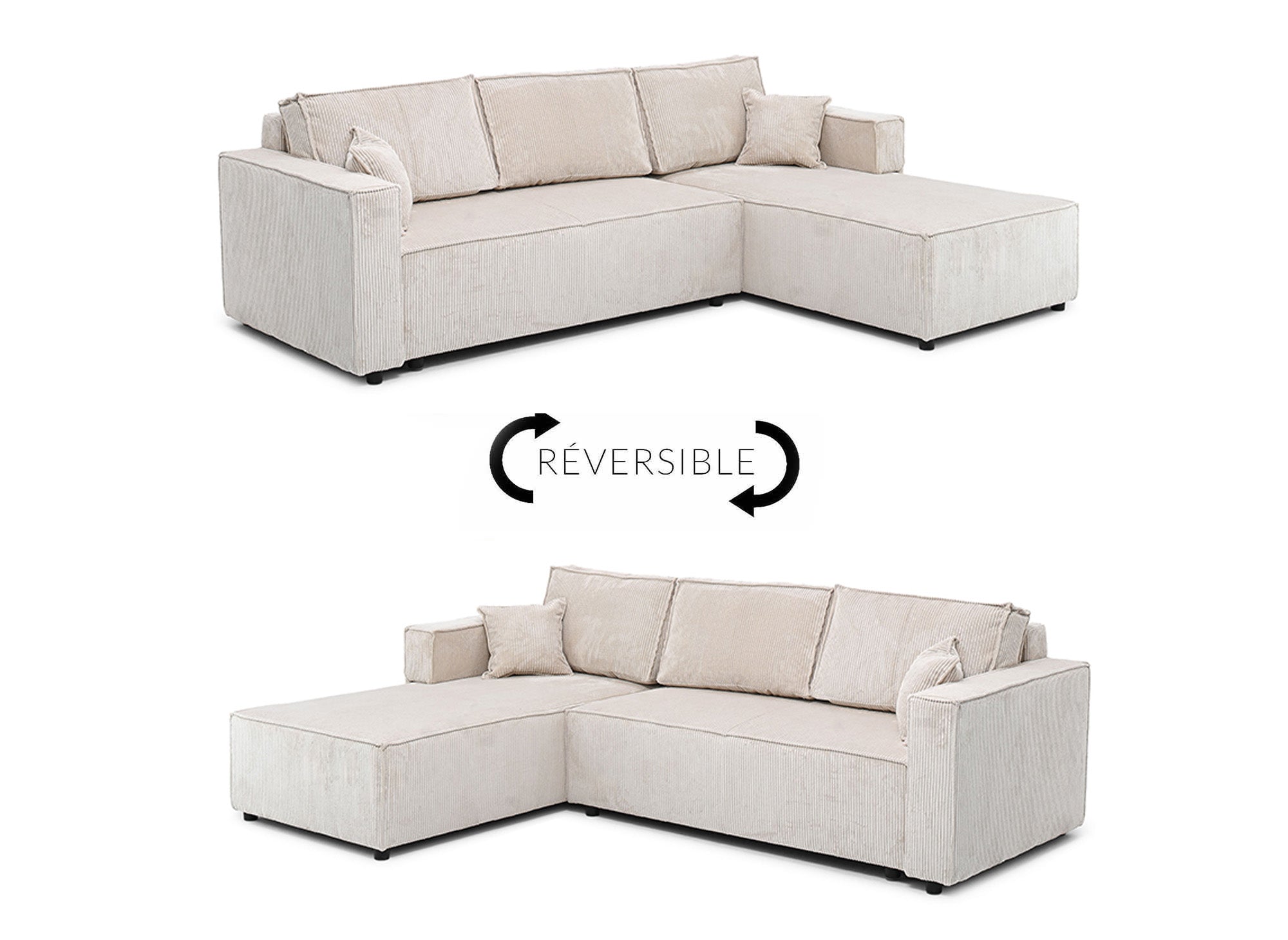 SYNA Ecksofa aus beigefarbenem Cord mit Stauraum