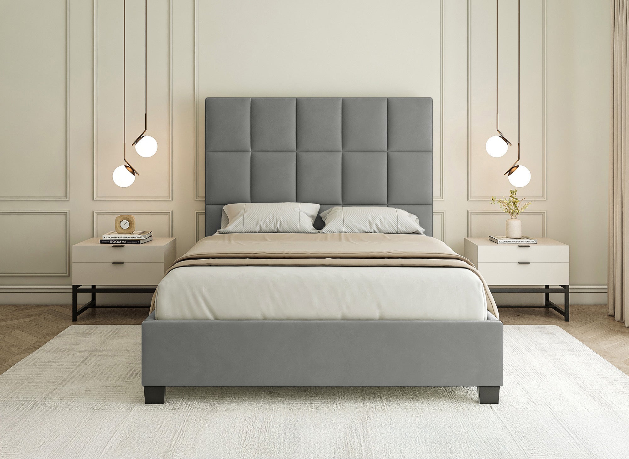 CAROLINE Designer-Bett mit Stauraum, Samt, grau, 160 x 200 cm
