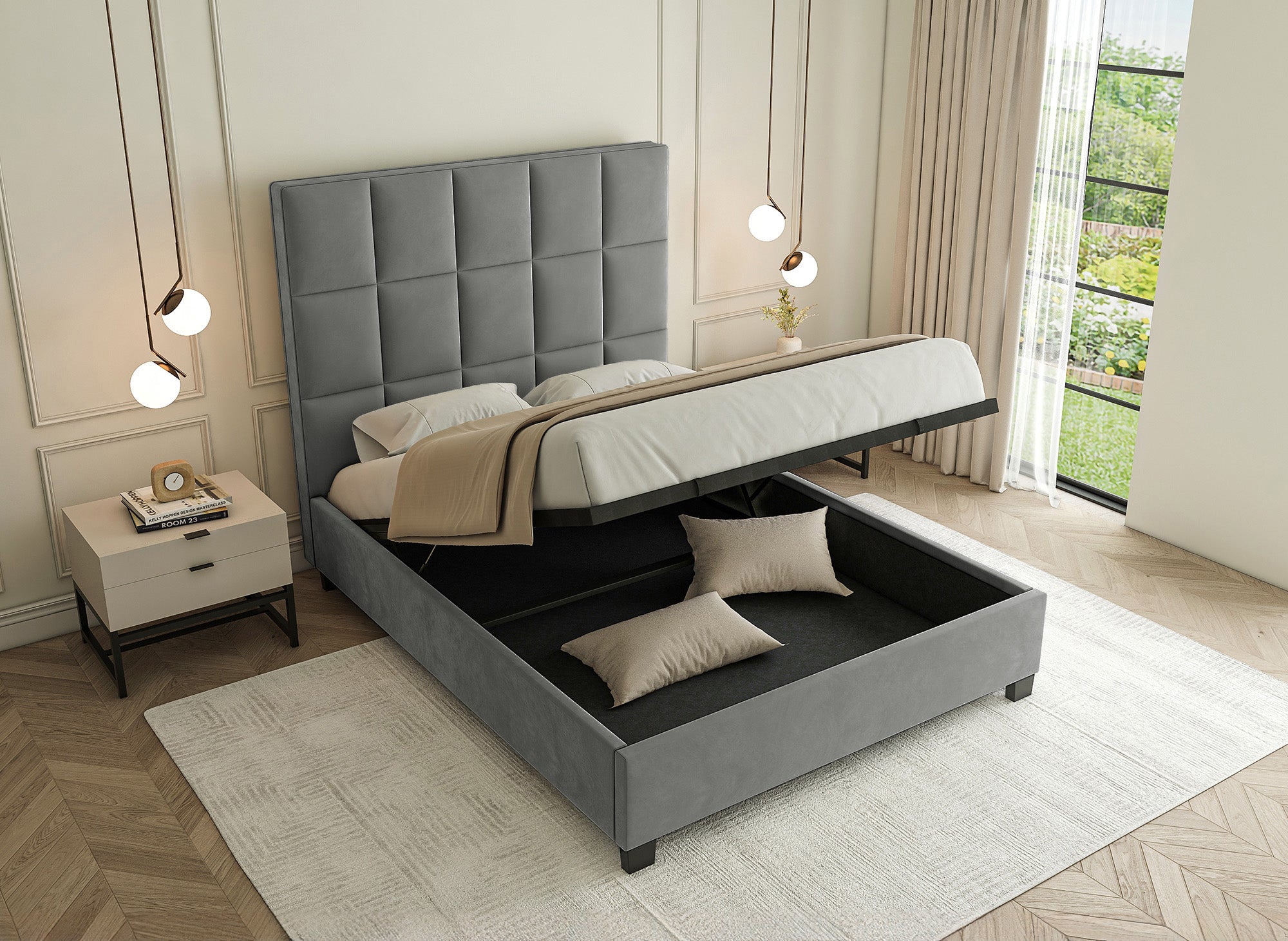 CAROLINE Designer-Bett mit Stauraum, Samt, grau, 160 x 200 cm