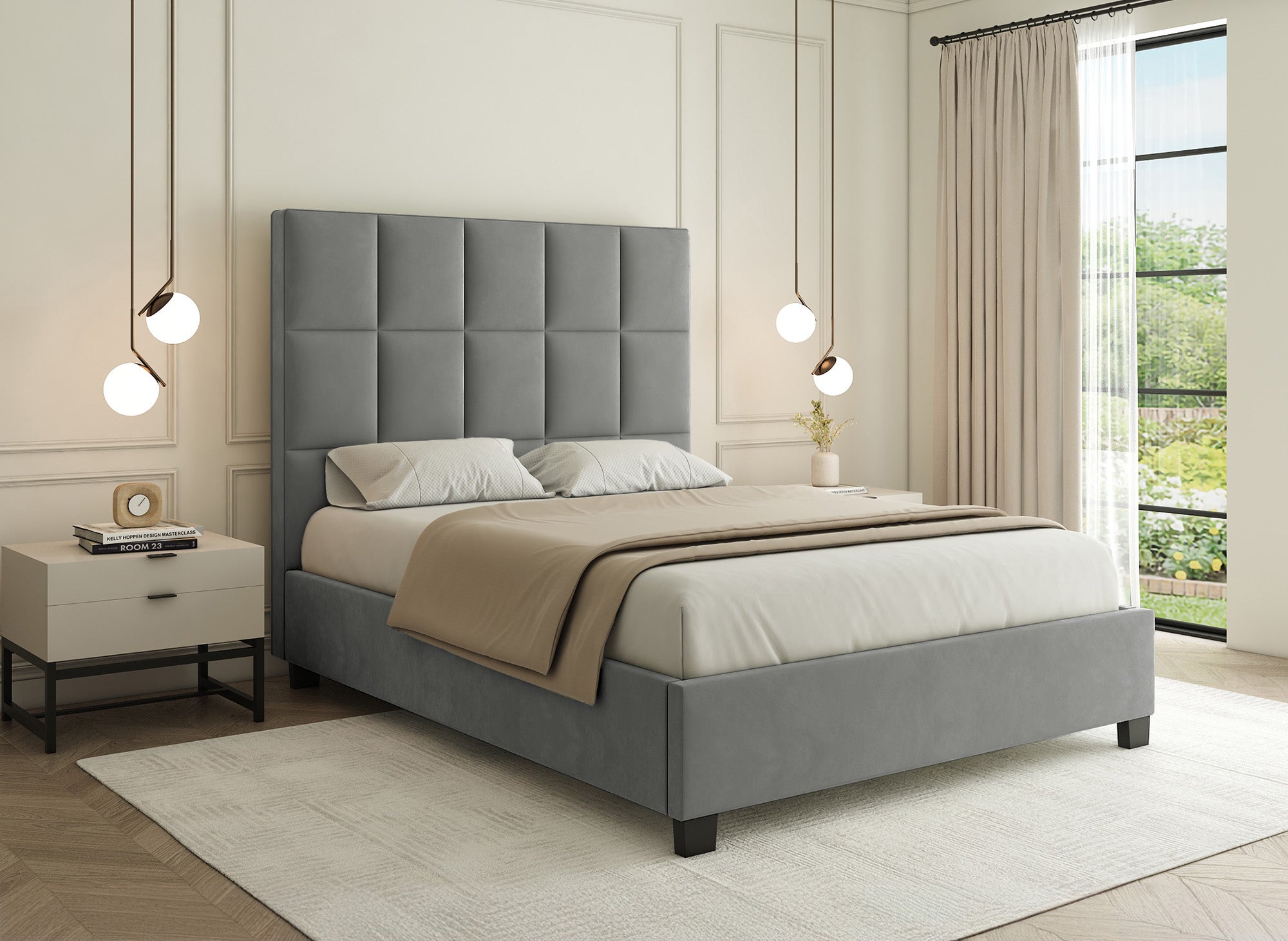 CAROLINE Designer-Bett mit Stauraum, Samt, grau, 160 x 200 cm