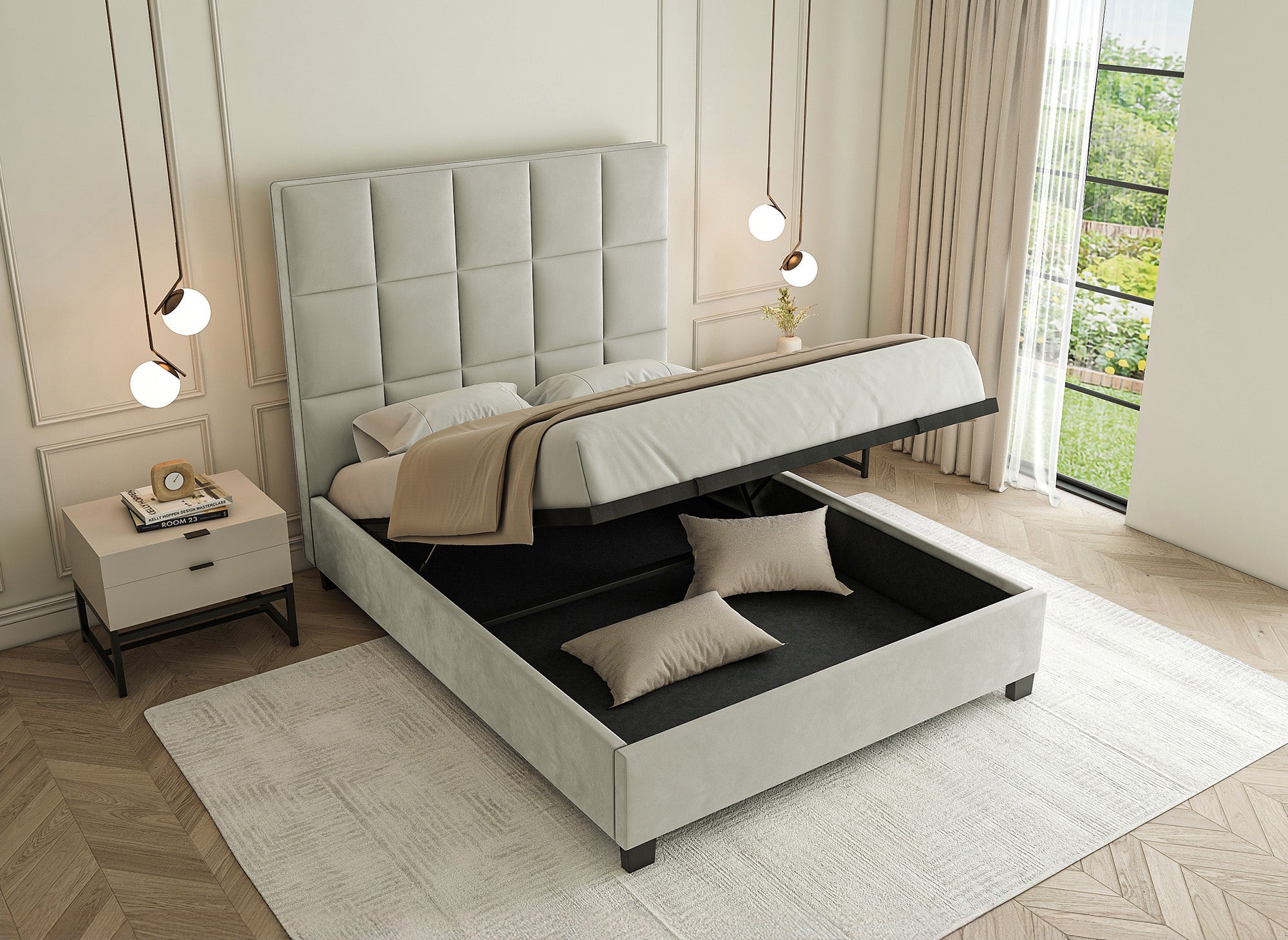CAROLINE Designer-Bett mit Stauraum, beige, Samt, 160 x 200 cm