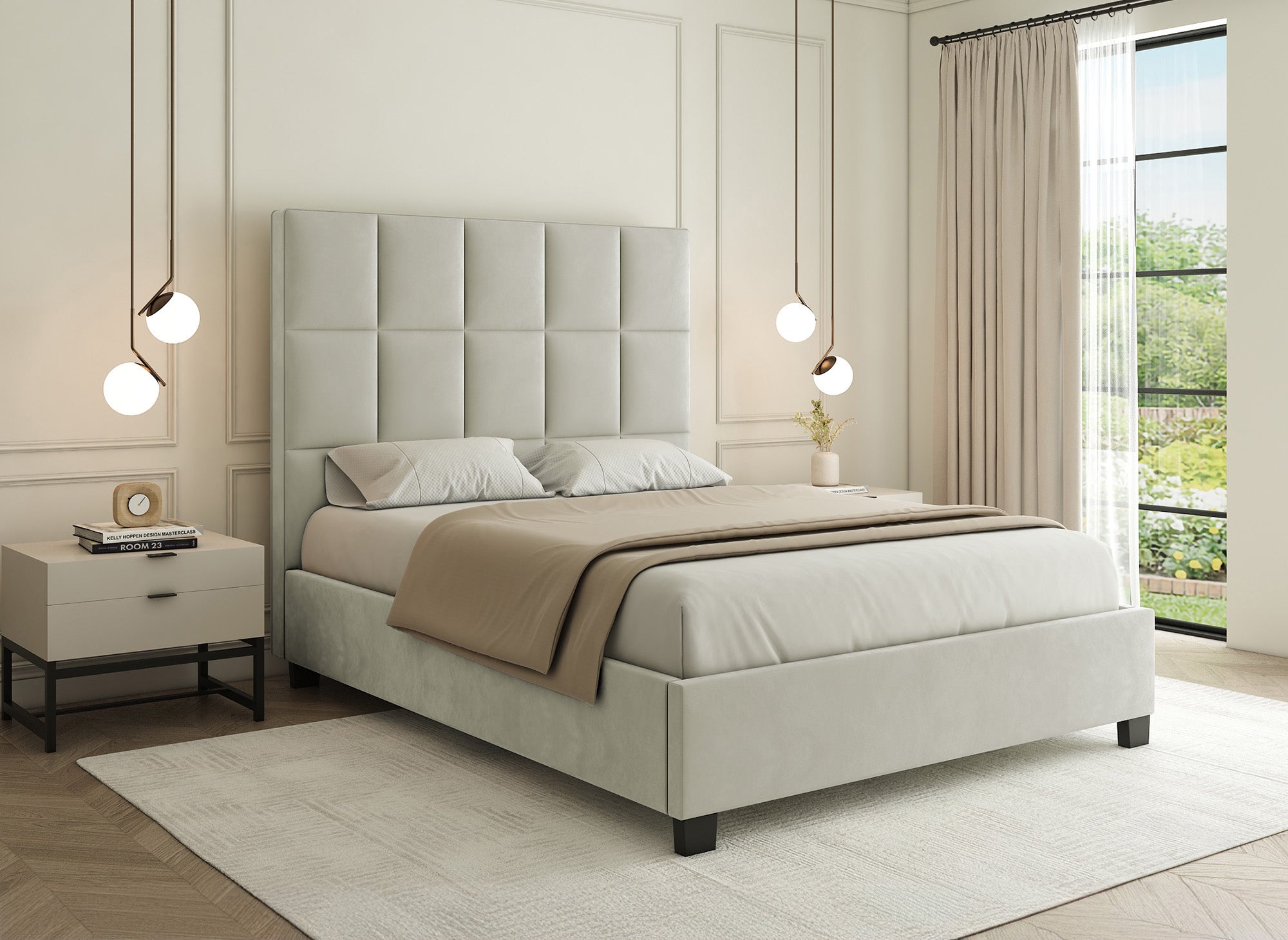 CAROLINE Designer-Bett mit Stauraum, beige, Samt, 160 x 200 cm