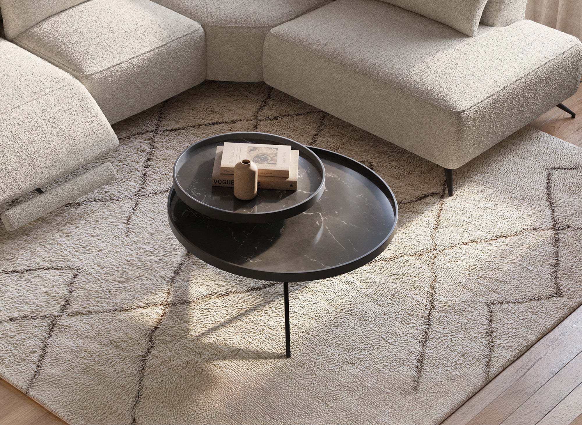 MIRANY runder Couchtisch mit 2 drehbaren Platten aus Keramik und schwarzem Metall