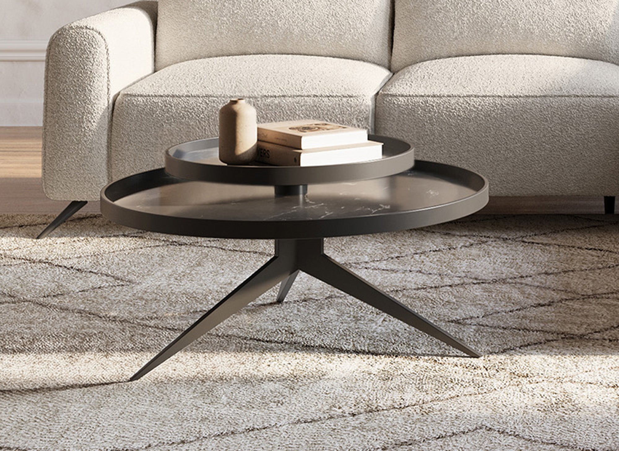 MIRANY runder Couchtisch mit 2 drehbaren Platten aus Keramik und schwarzem Metall
