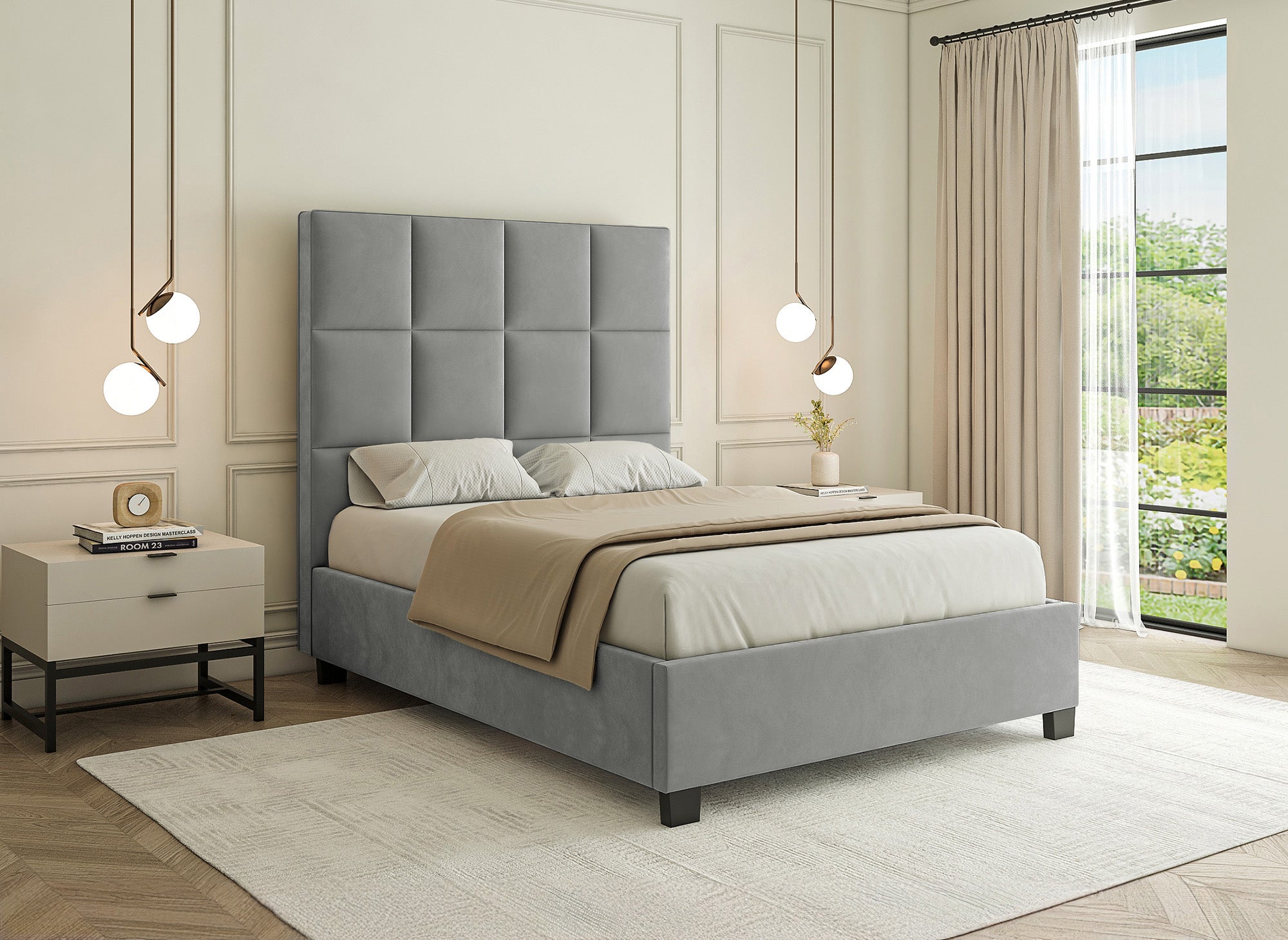 CAROLINE Designer-Bett mit Stauraum, Samt, grau, 140 x 190 cm