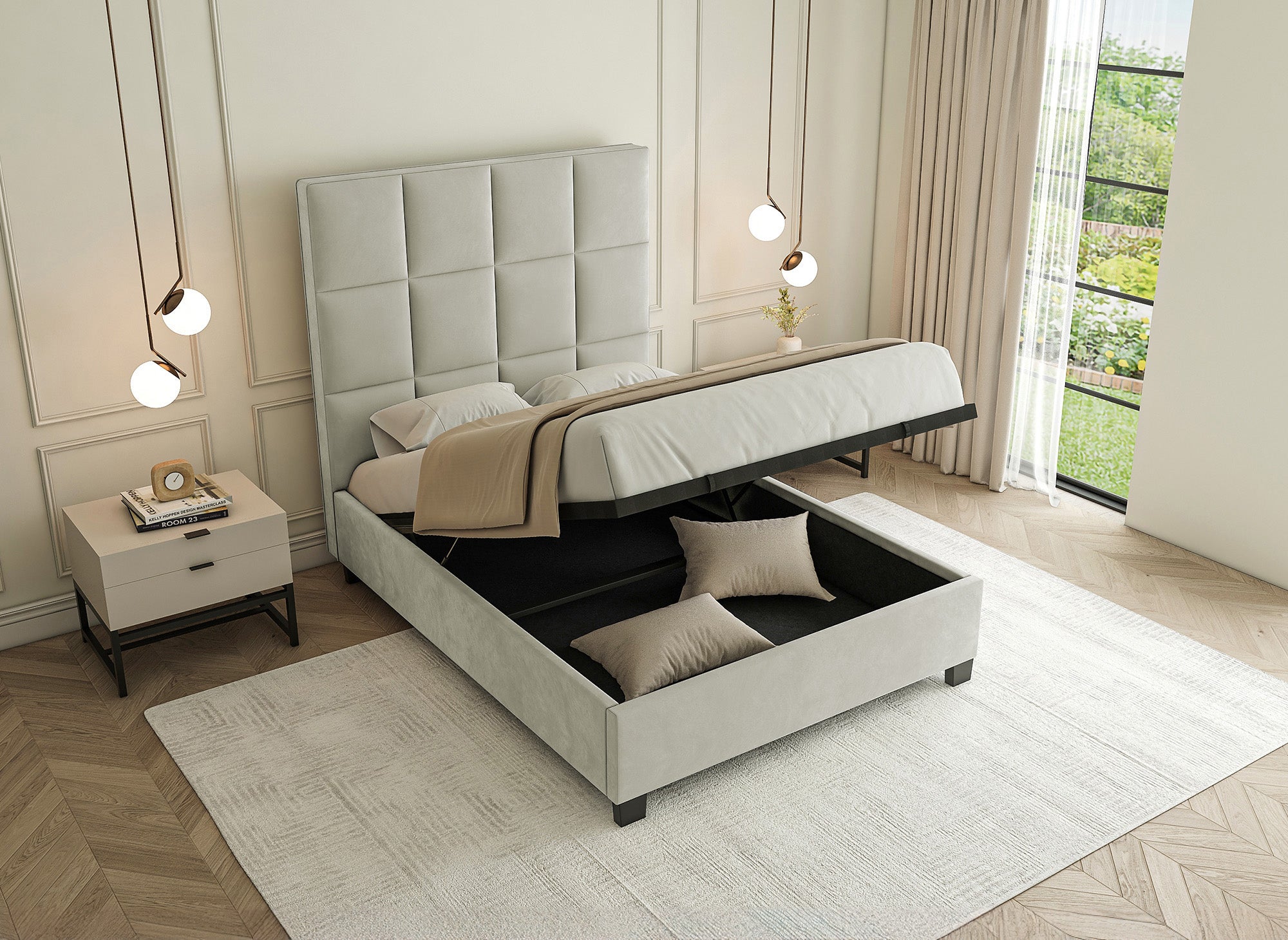 CAROLINE Designer-Bett mit Stauraum, Samt, beige, 140 x 190 cm
