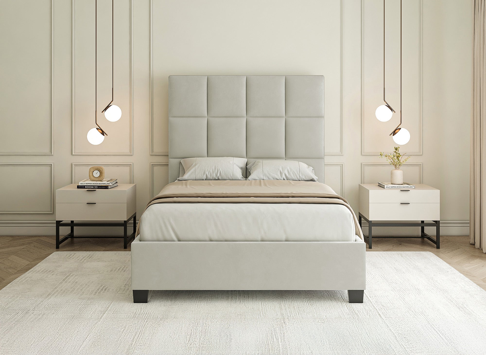 CAROLINE Designer-Bett mit Stauraum, Samt, beige, 140 x 190 cm
