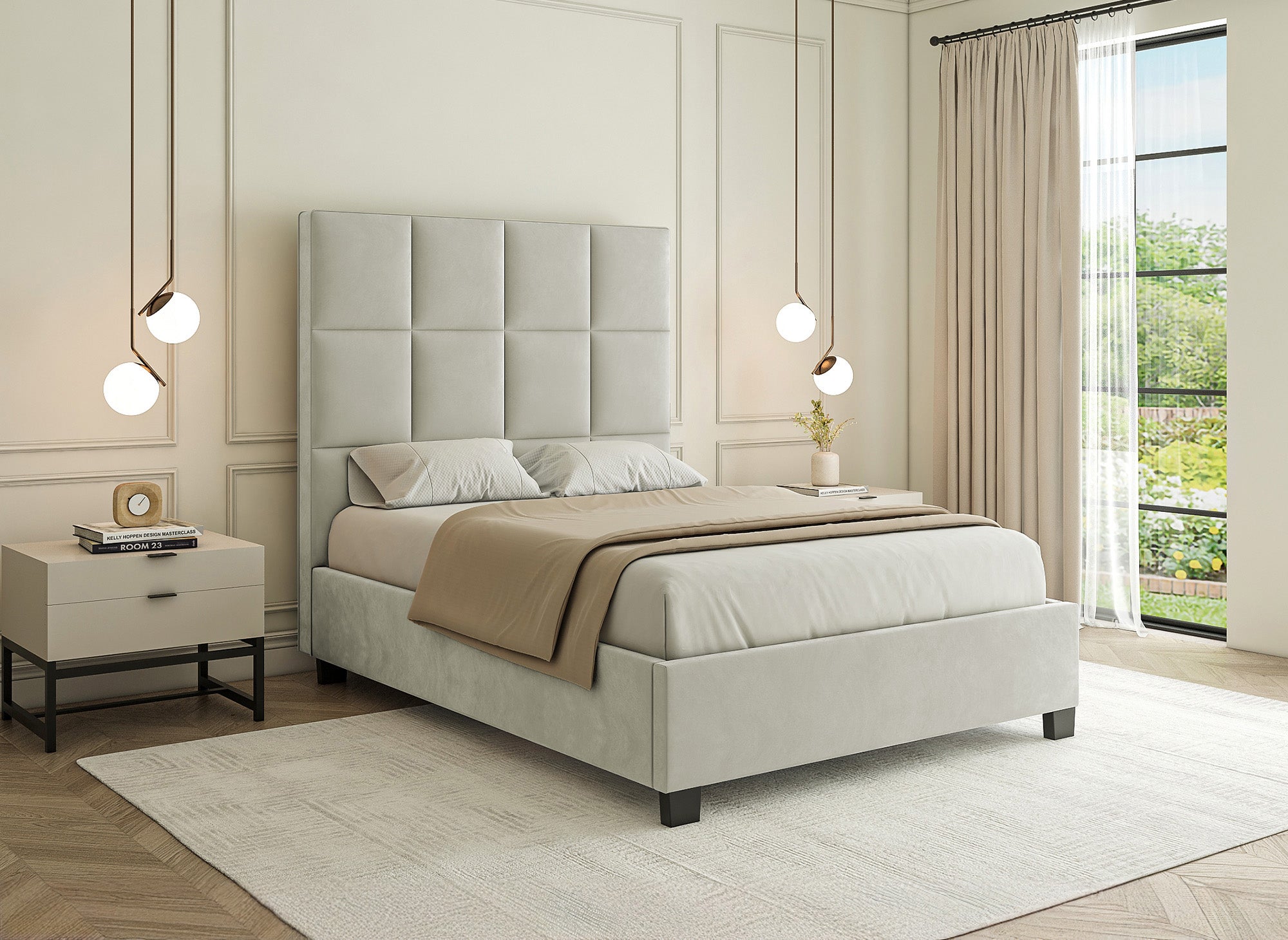 CAROLINE Designer-Bett mit Stauraum, Samt, beige, 140 x 190 cm