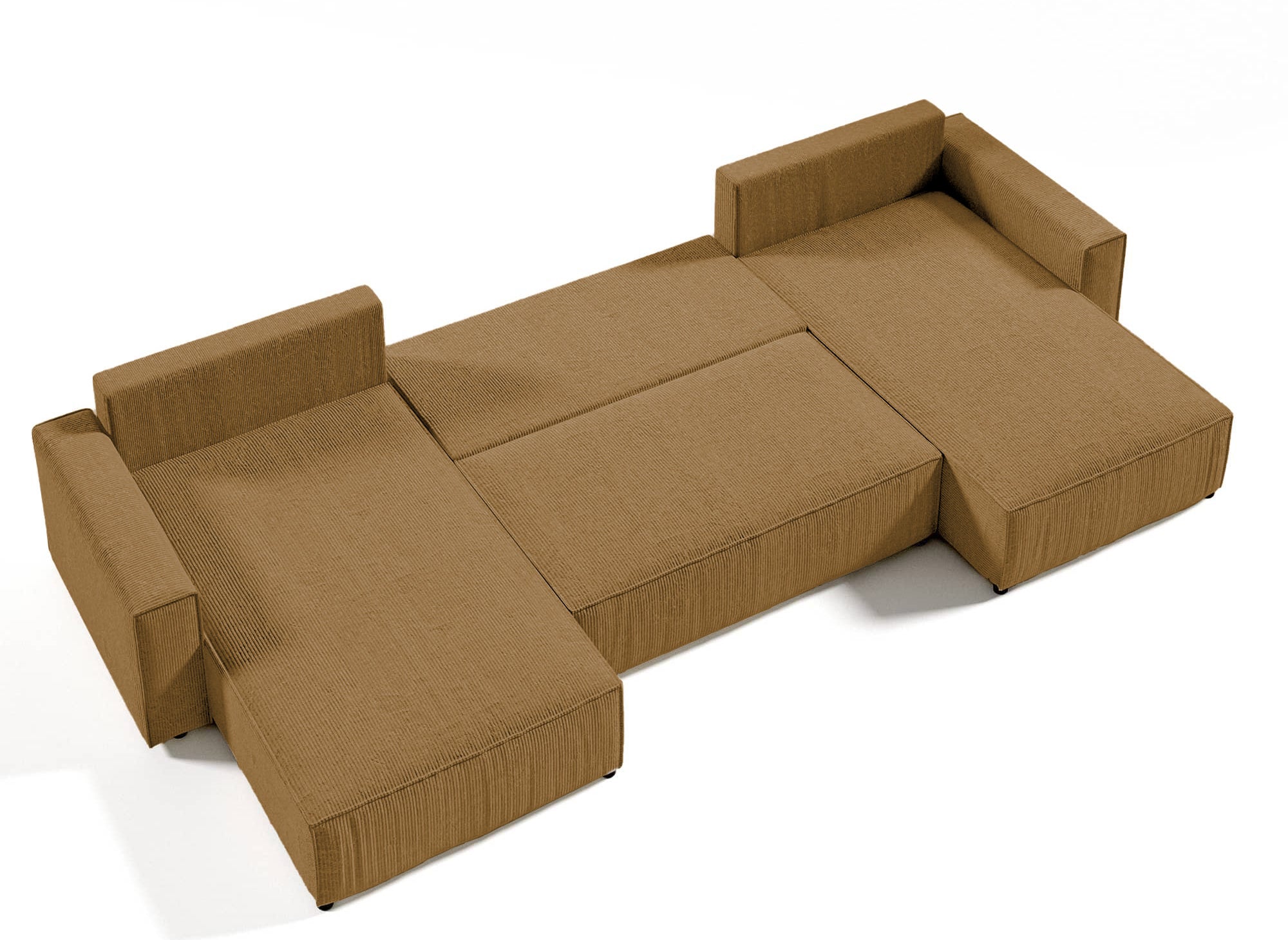 Panorama-Schlafsofa JADE aus geripptem Samt in Senfgelb mit Stauraum