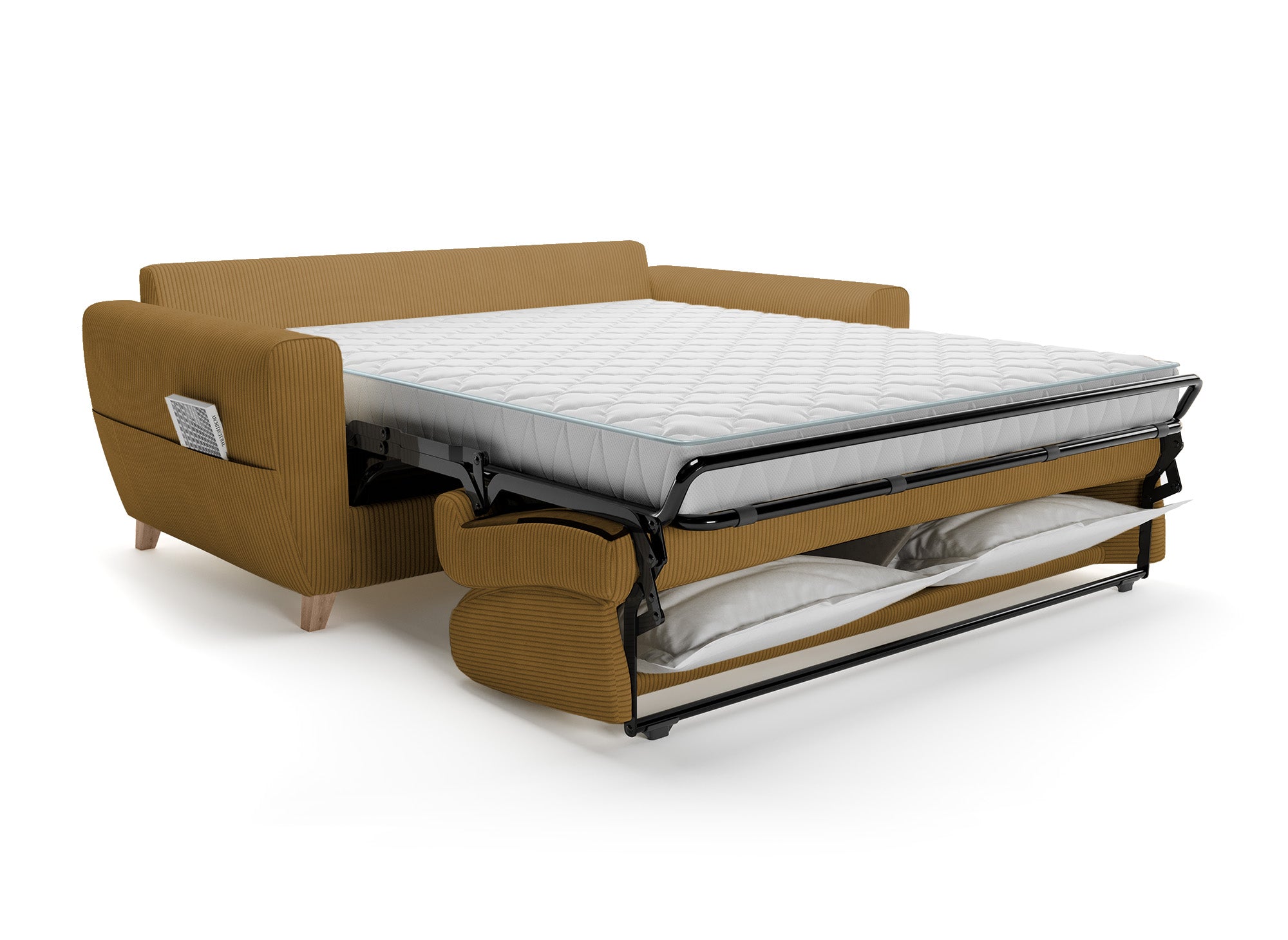 TOBIAS 3-Sitzer-Schlafsofa aus senffarbenem Cord mit 14 cm Matratze