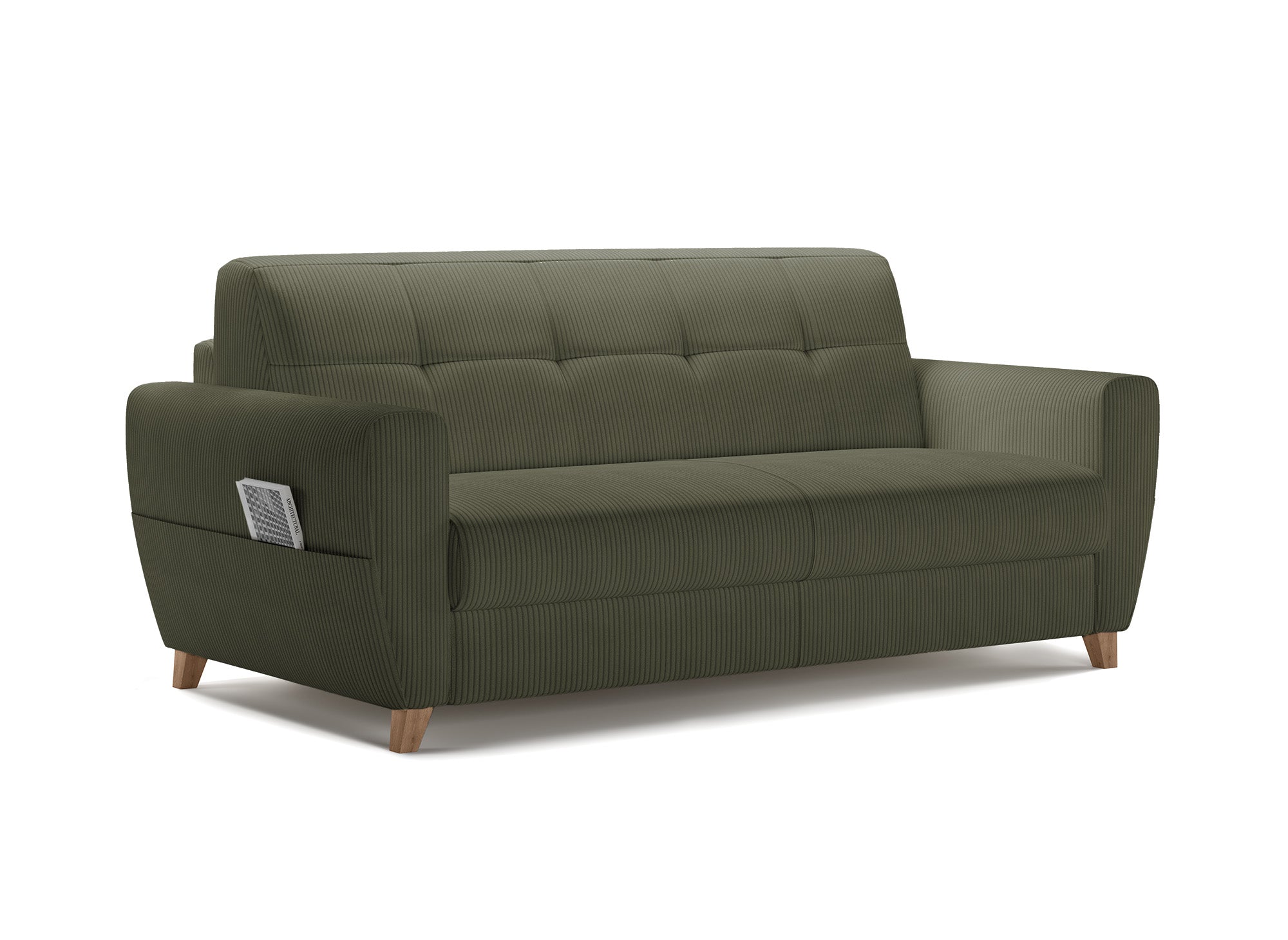 TOBIAS 3-Sitzer-Schlafsofa aus khakigrünem Cord mit 14 cm hoher Matratze