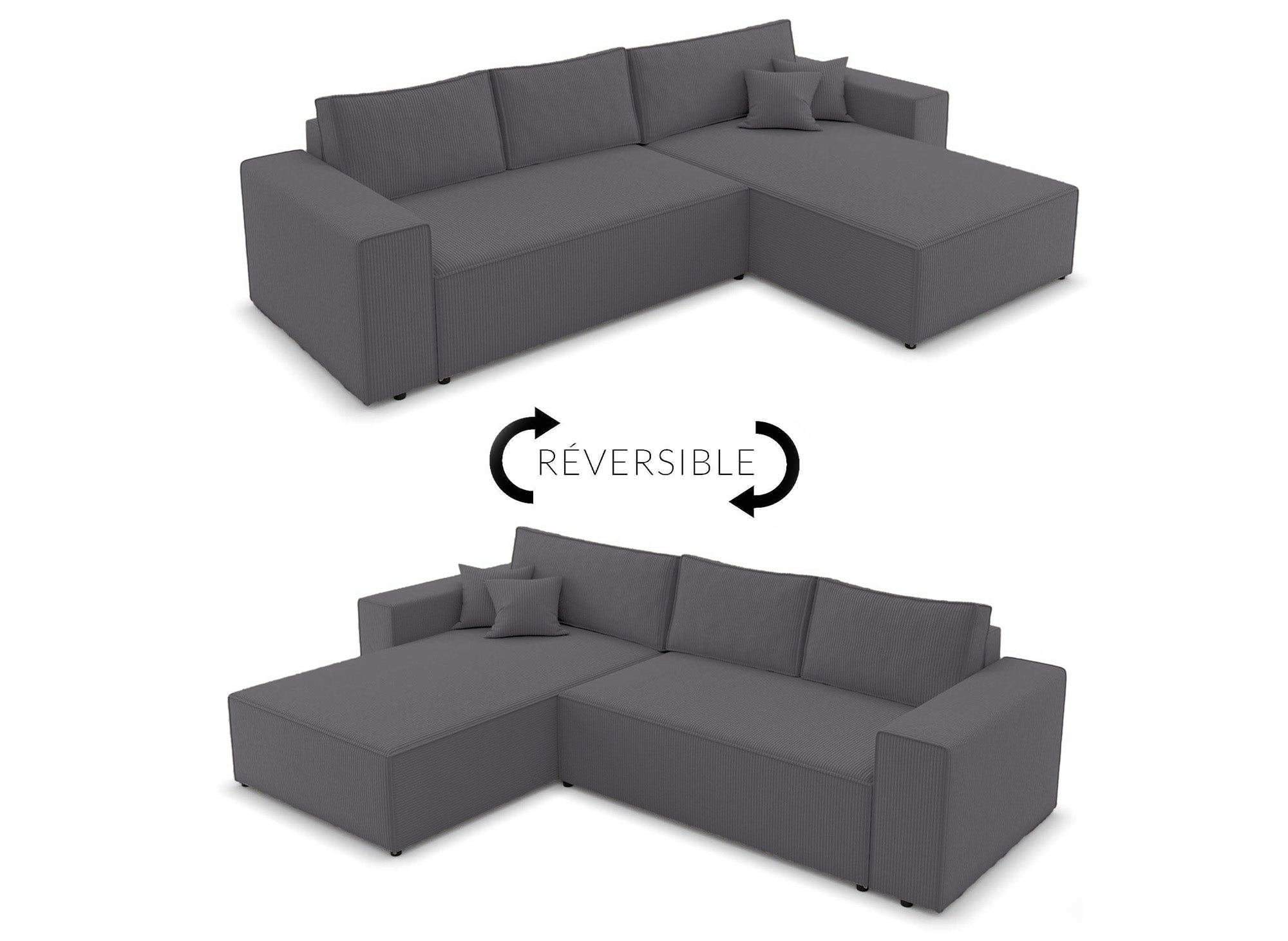 JADE Wandelbares und wendbares Ecksofa mit Stauraum aus anthrazitgrauem Cord