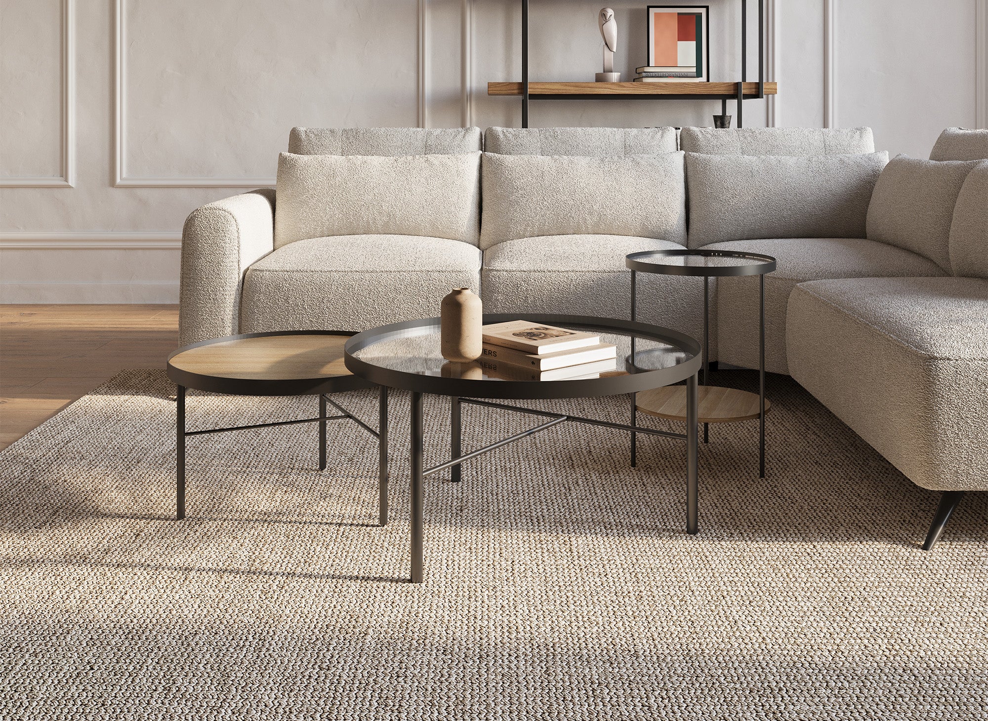 3er-Set RIONA runde Couchtische aus Holz und Glas