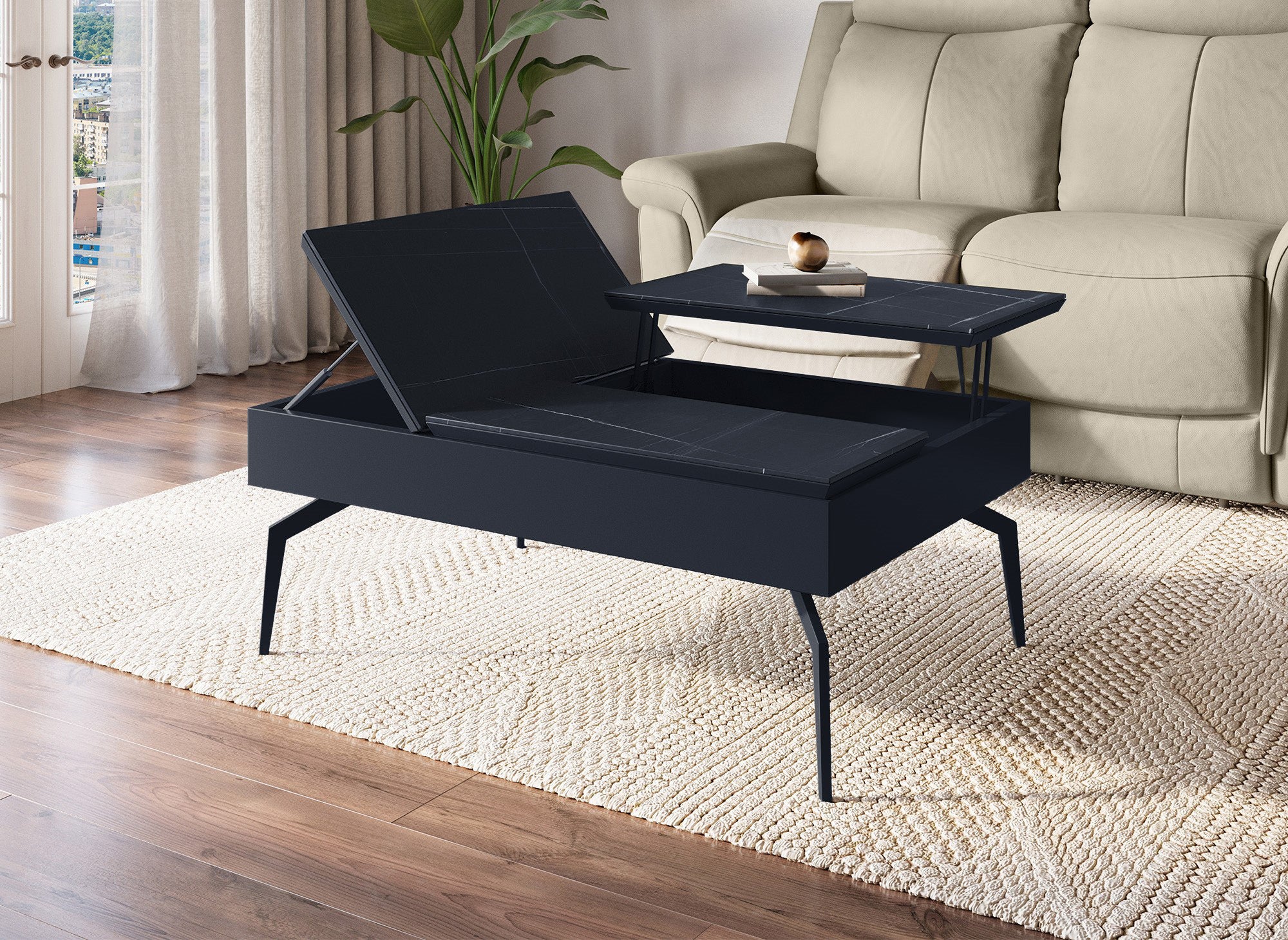 Designer-Couchtisch SILVANA mit schwarzer Keramik-Klappplatte
