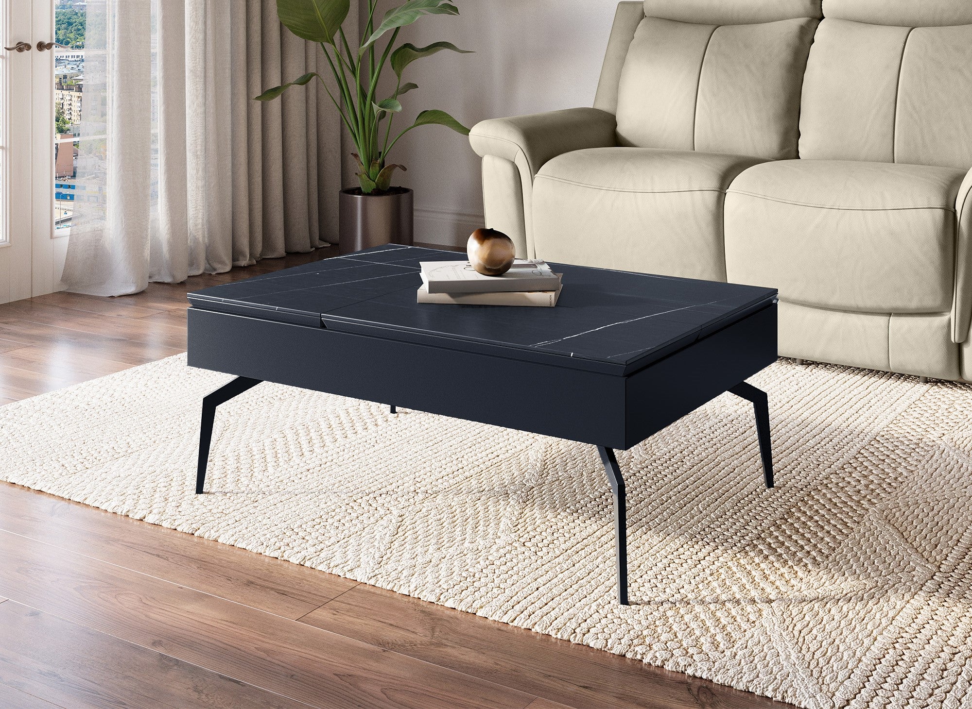 Designer-Couchtisch SILVANA mit schwarzer Keramik-Klappplatte