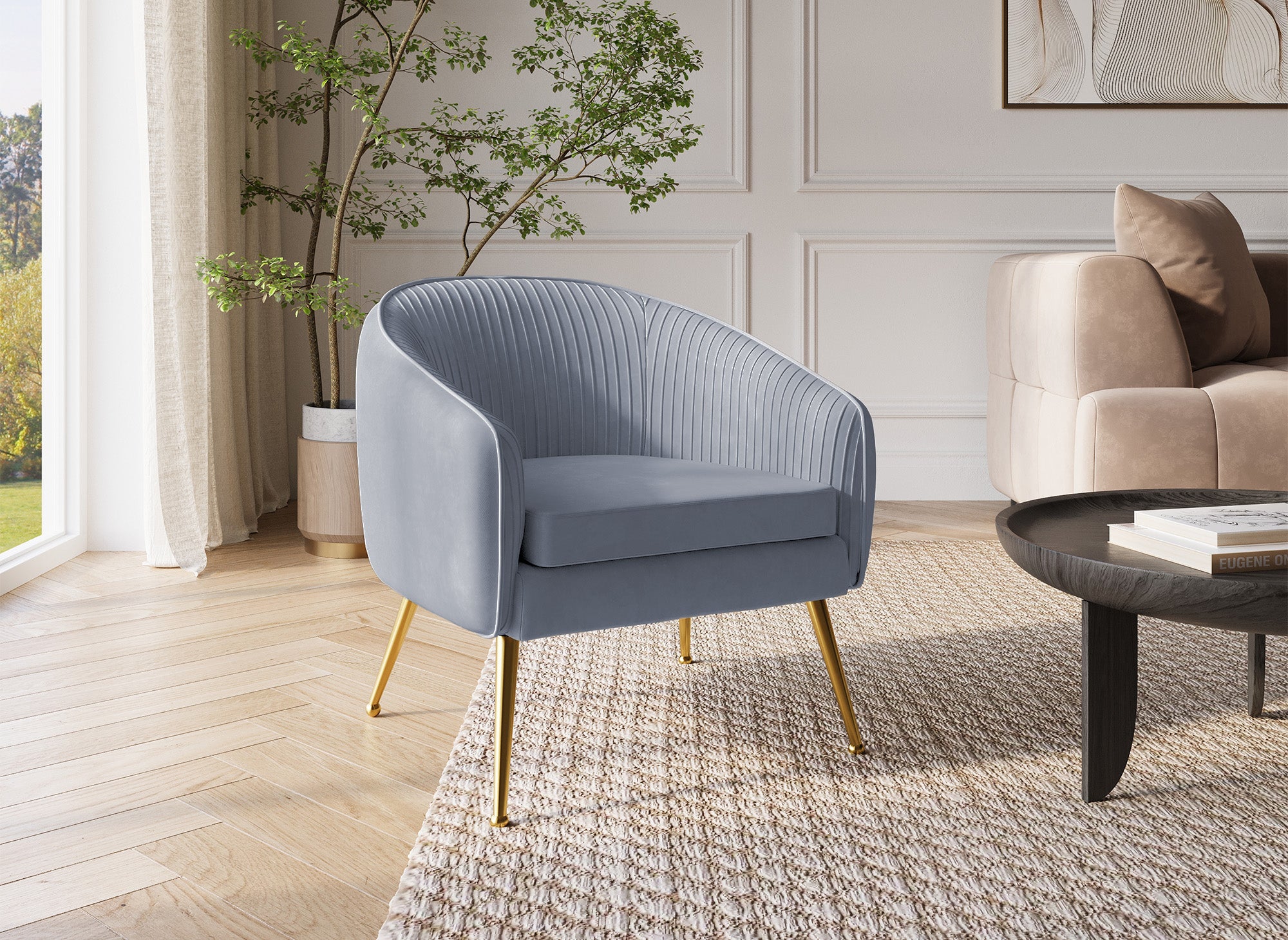 Cabriolet-Sessel TRECY aus grauem Samt mit goldenen Beinen