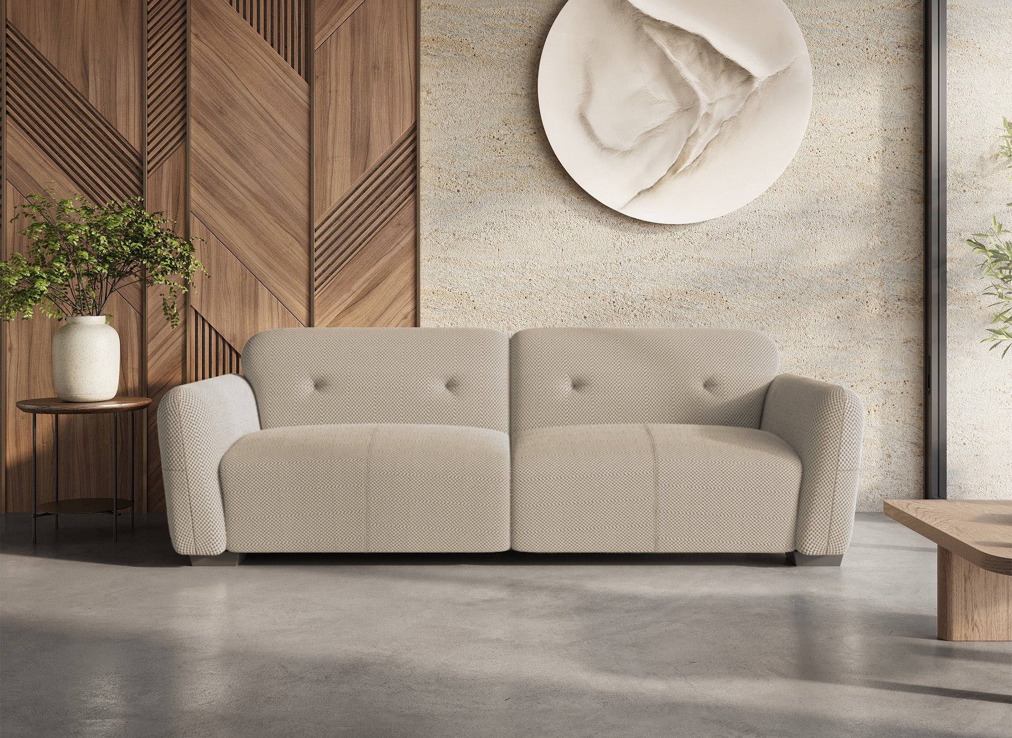 PICASSO 3-Sitzer-Sofa mit fester Sitzfläche in beigefarbenem 3D-Stoff