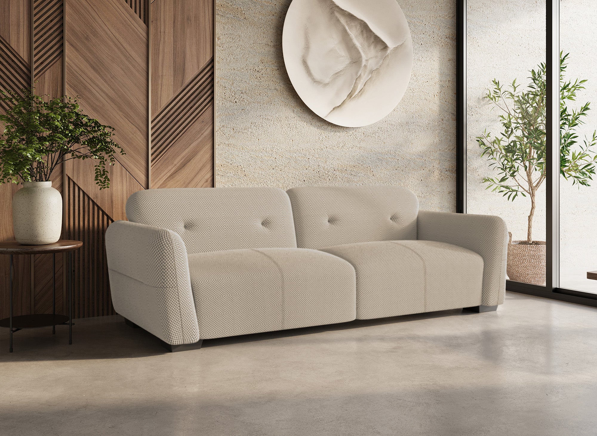 PICASSO 3-Sitzer-Sofa mit fester Sitzfläche in beigefarbenem 3D-Stoff