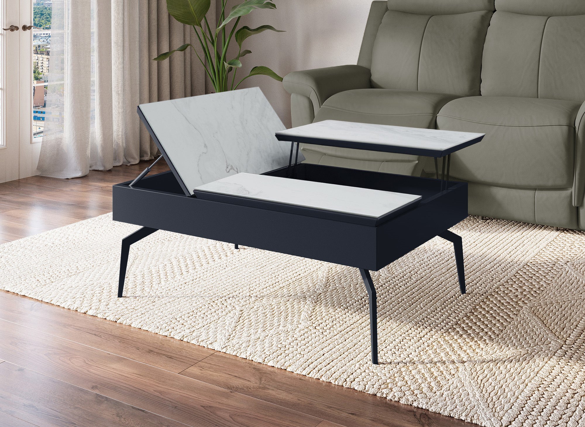 Designer-Couchtisch SILVANA mit weißer, hochklappbarer Keramikplatte