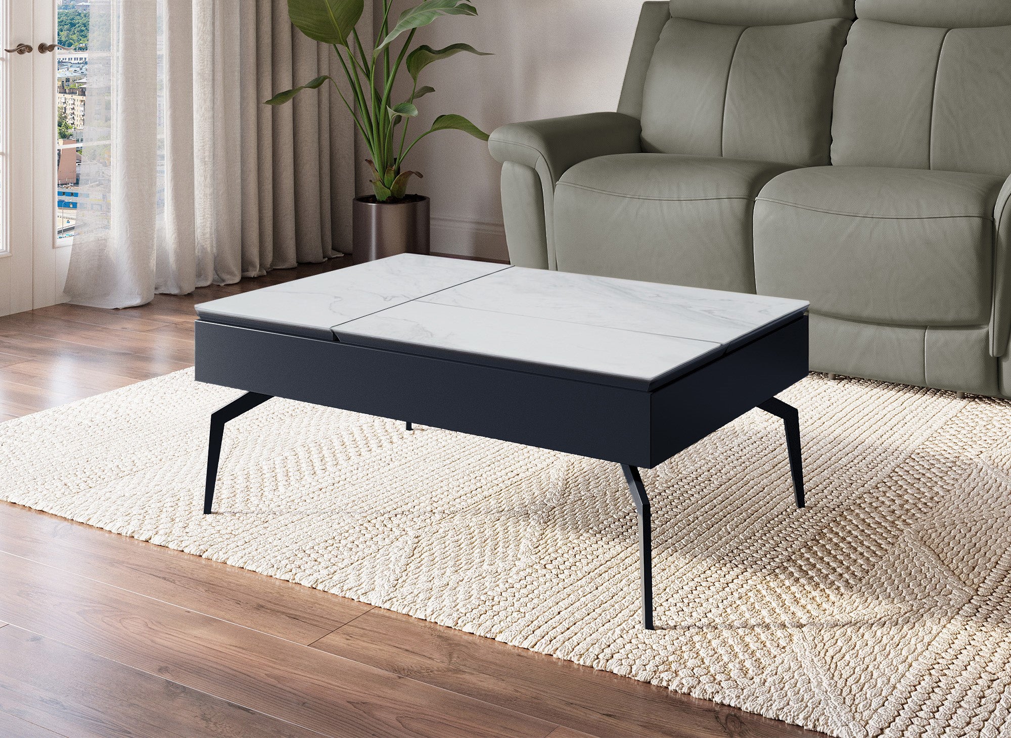 Designer-Couchtisch SILVANA mit weißer, hochklappbarer Keramikplatte